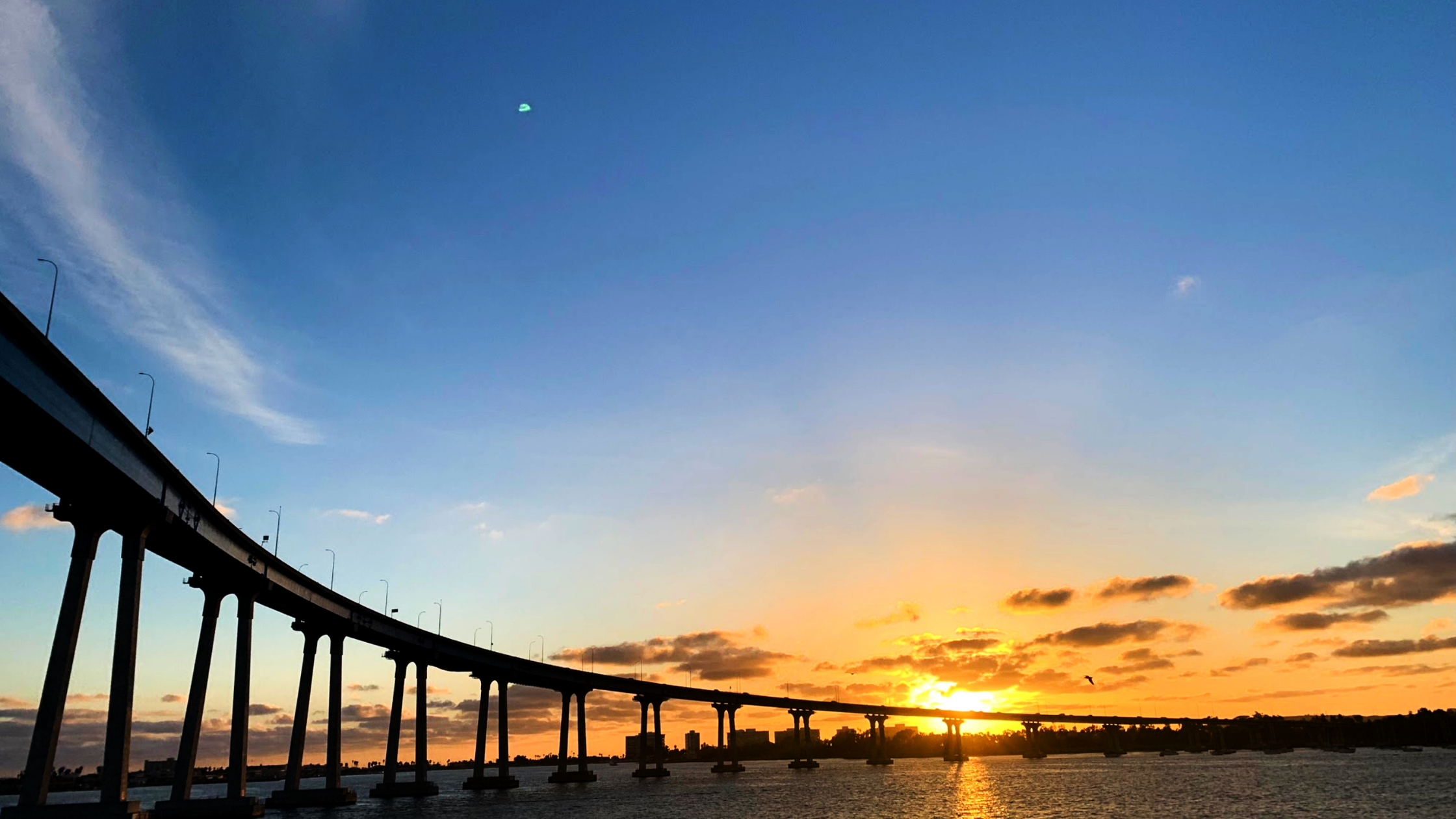 A wide-angle silhouette of the Coronado Bridge at sunset, with the golden sun dipping below the horizon over the San Diego Bay, casting a warm orange glow across the water and sky.