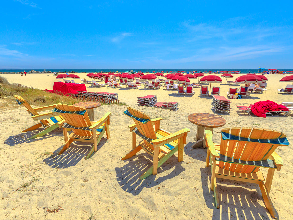 looking out at coronado beach by the del hotel with beach chairs