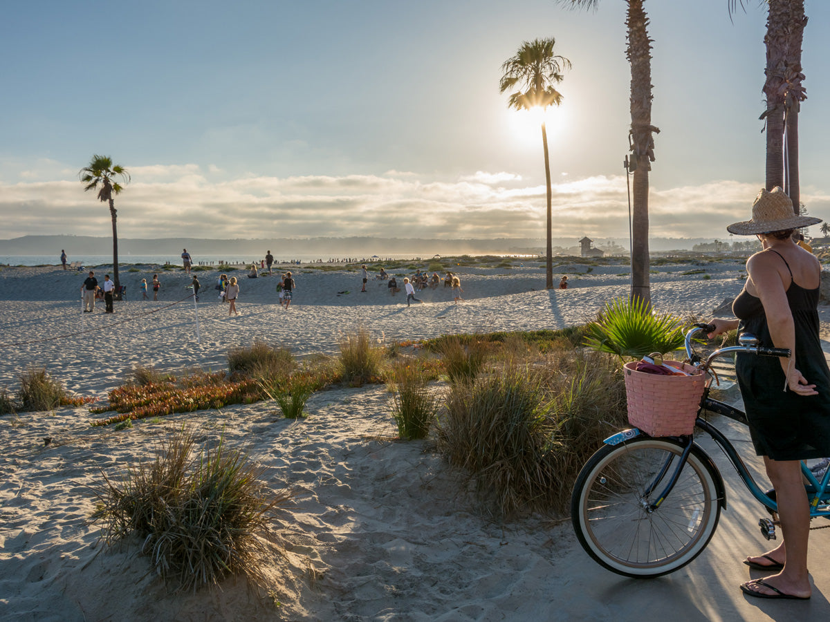 views of coronado beach from a beach cruiser bike