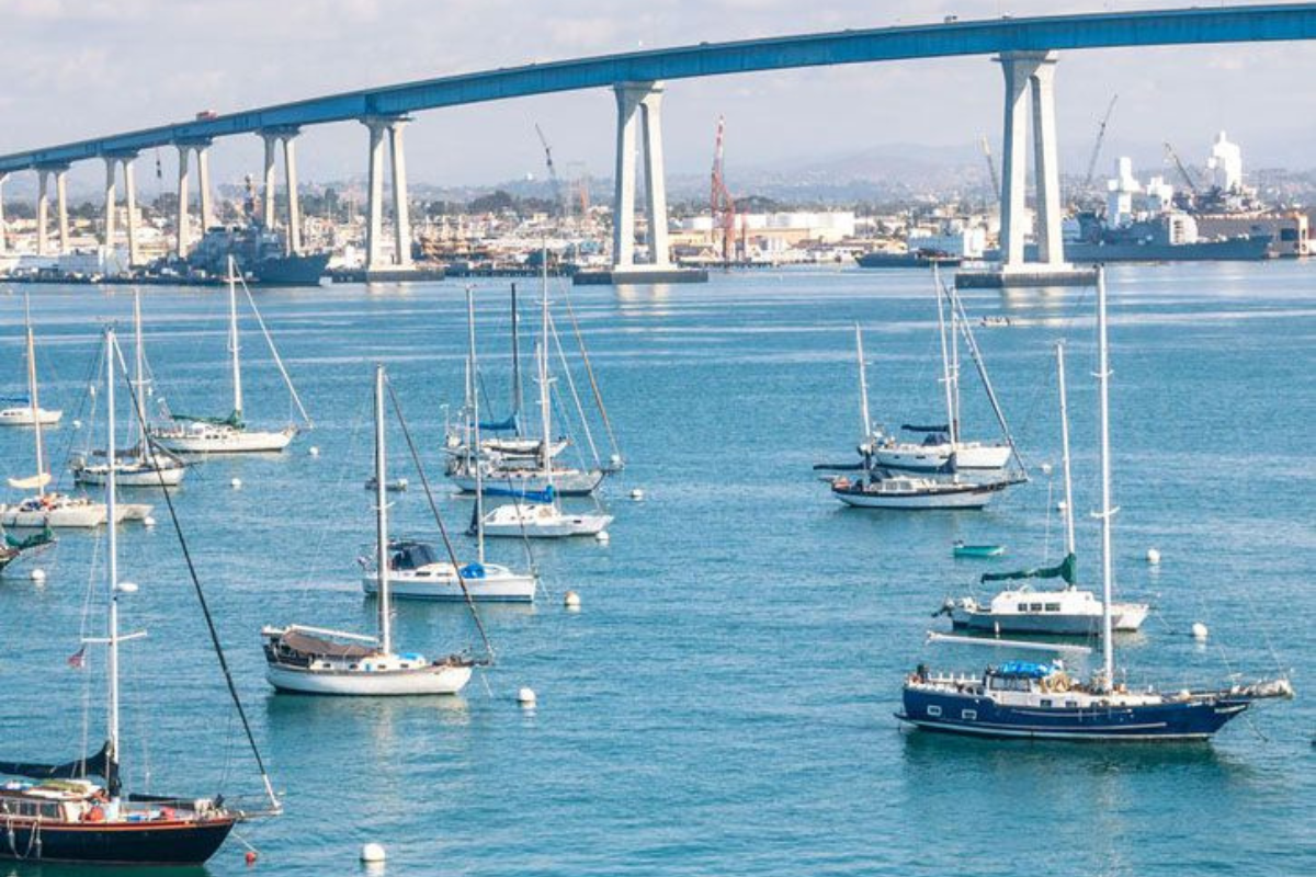 Sailboats anchored in the bay with the Coronado Bridge in the background on a sunny day.