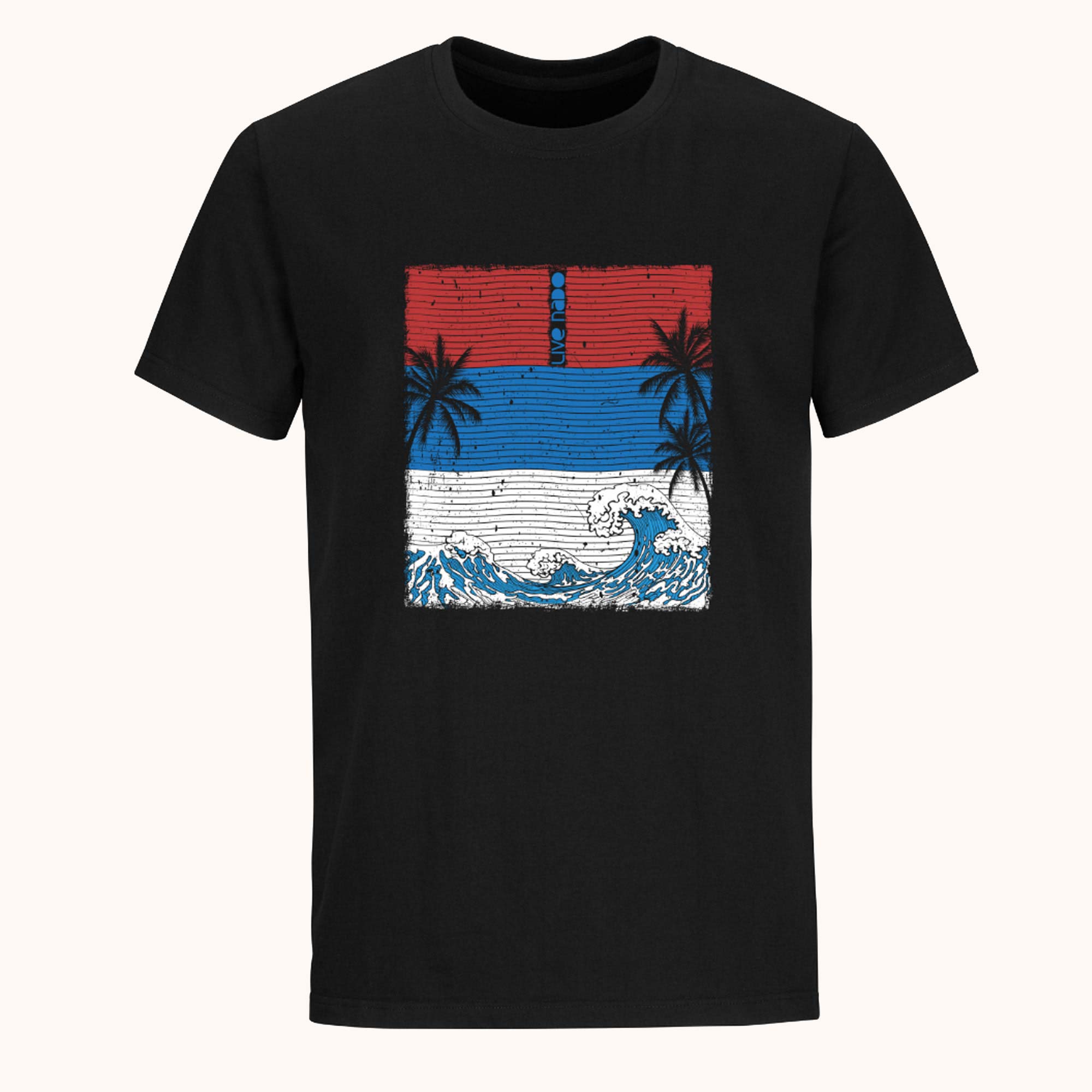 black surf tshirt with red whiet and blue waves and palm trees