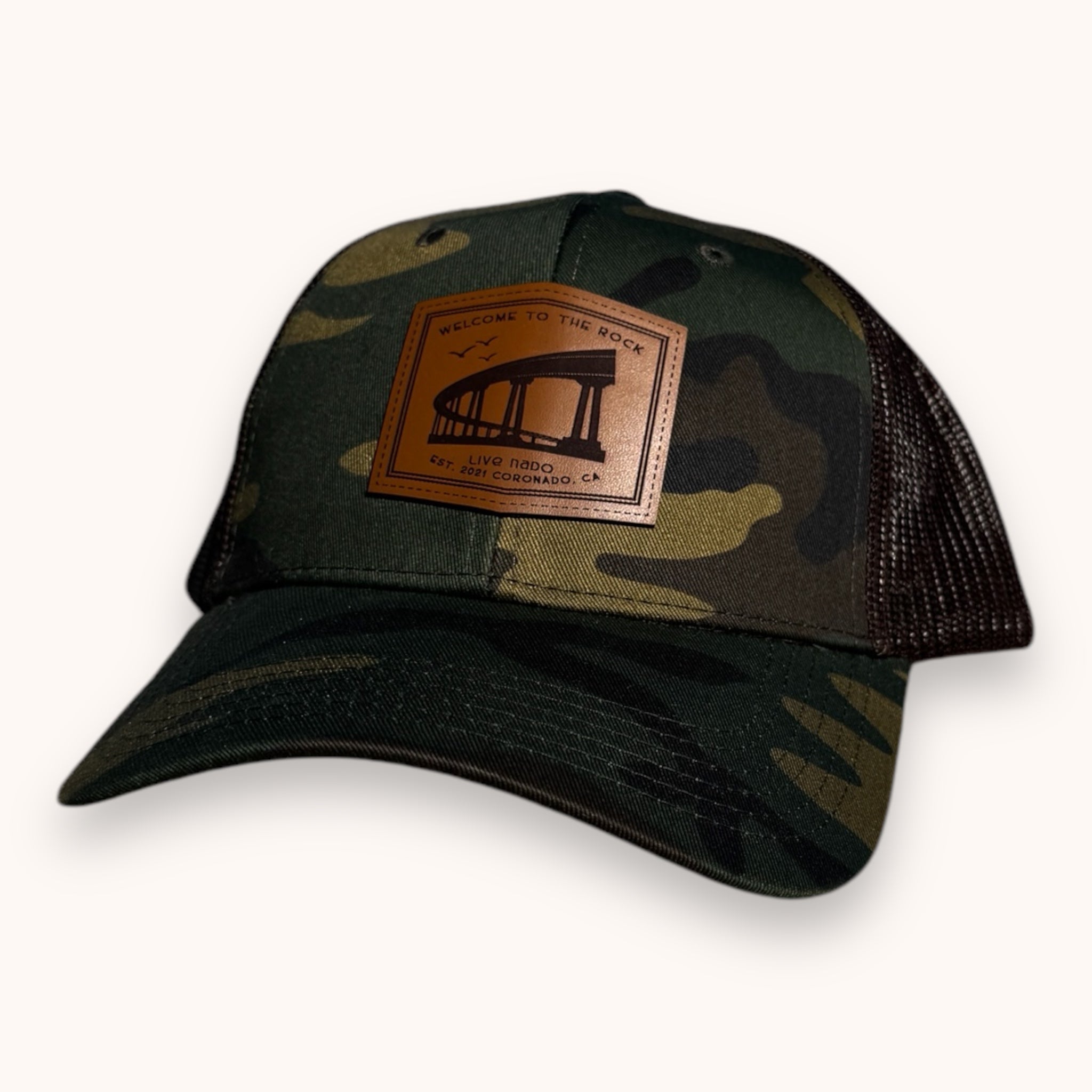 DUNES CORONADO BEACH | CAMO WELCOME TO THE ROCK LEATHER PATCH LOW PROFILE CURVED BRIM