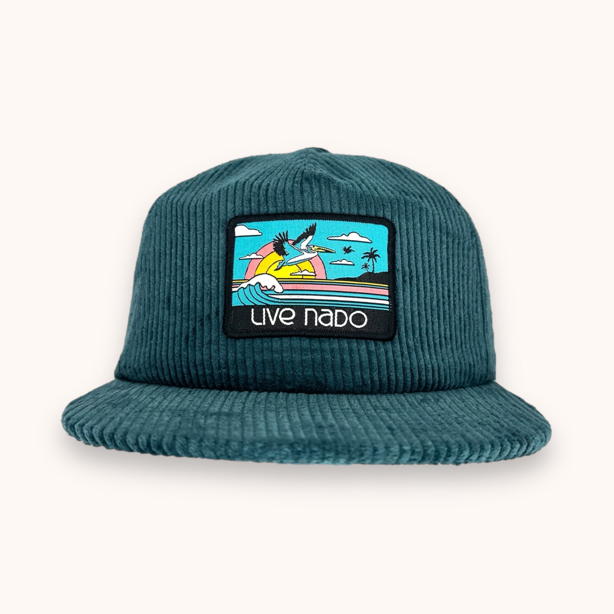 Flat brim corduroy teal surf cap perfect for beach and city outings in Coronado and San Diego