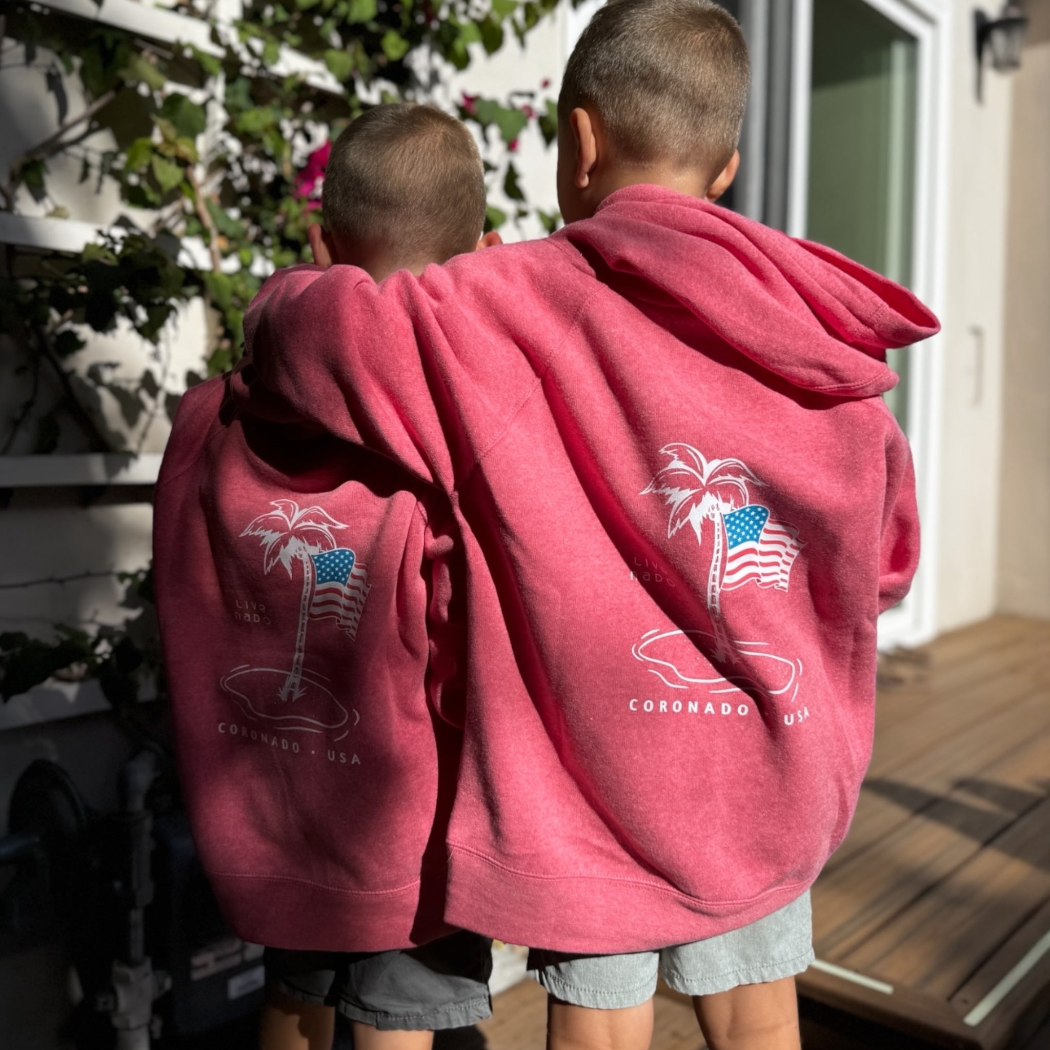 SHORELINE SWEATS KIDS | RED, WHITE, AND PALM TREES CORONADO HOODIE SWEATSHIRT