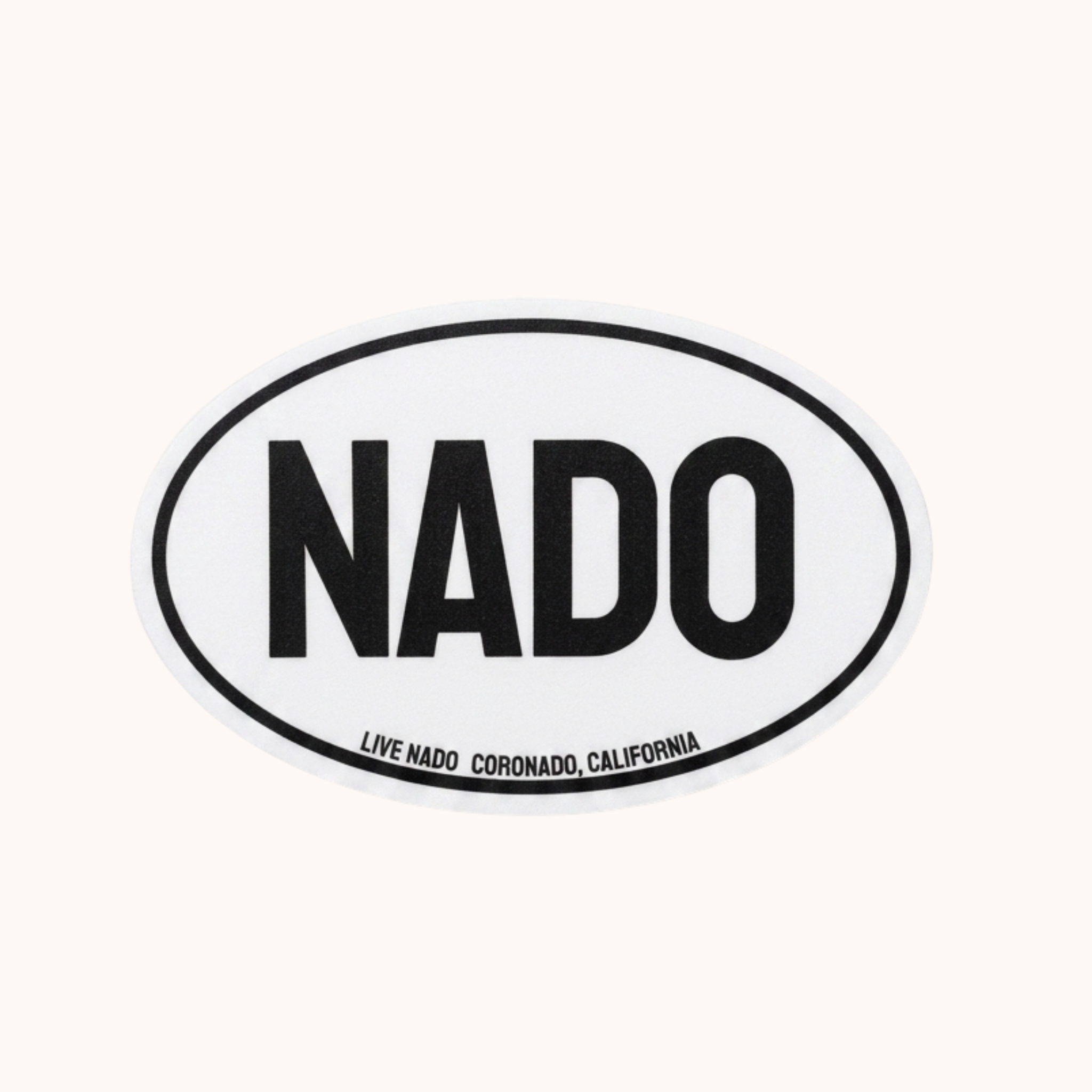 Oval-shaped sticker with 'NADO' text on a white background