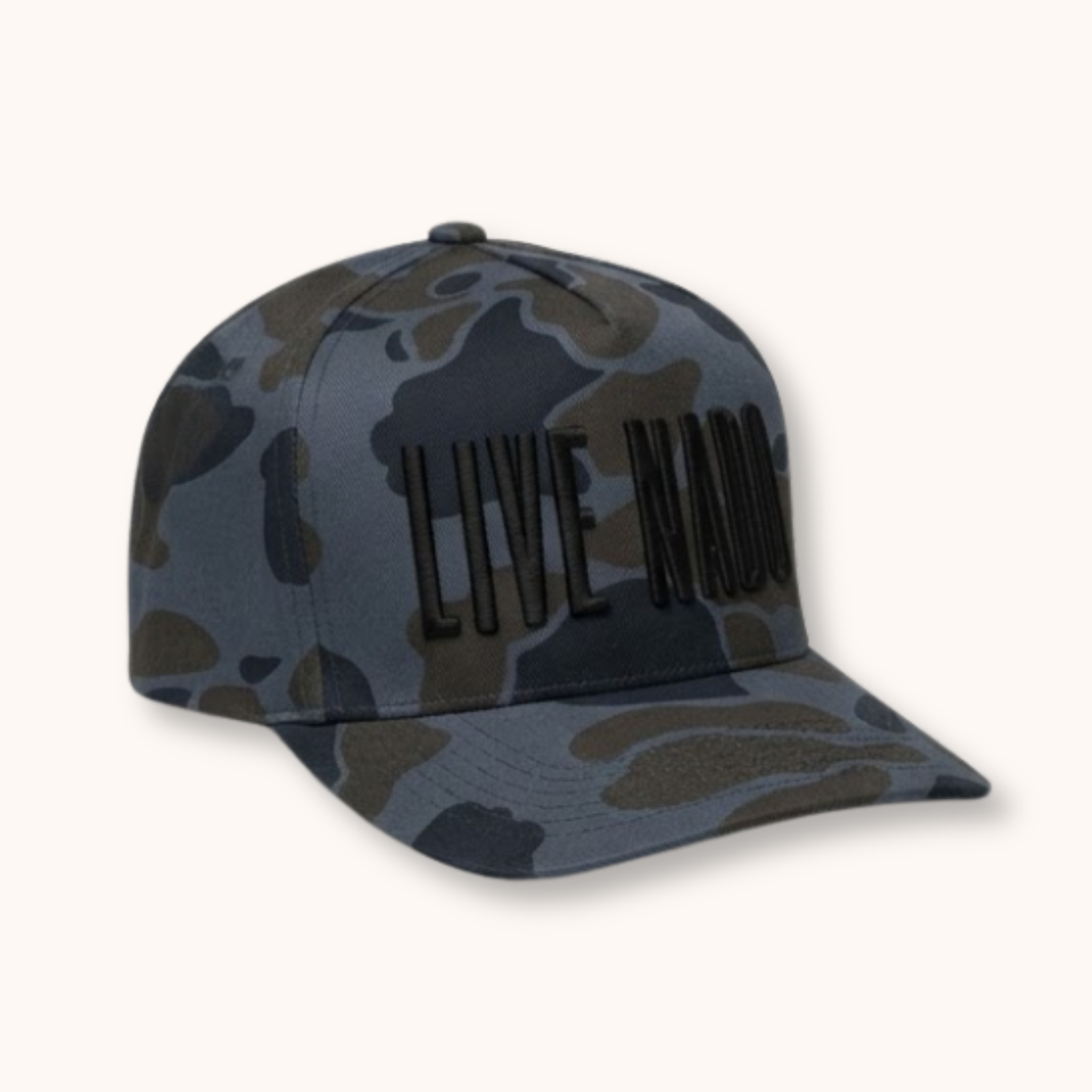 Camouflage-patterned cap with 'Live Free' text on a white background