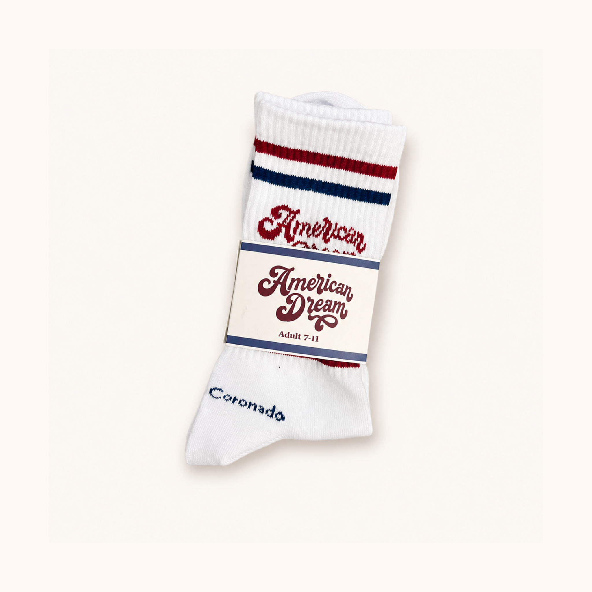 White sock with 'American Dream' text and red and blue stripes on a white background