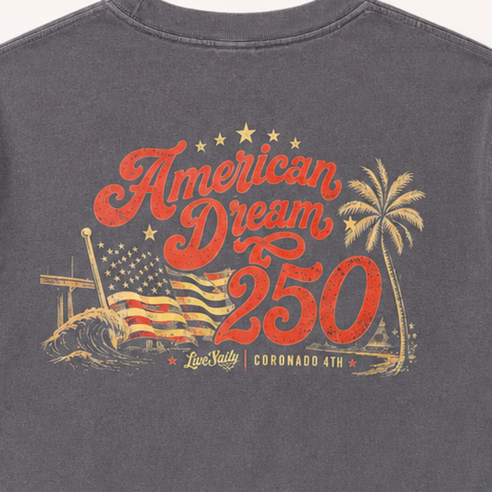 Vintage navy t-shirt with 'American Dream 250' graphic design featuring an American flag and palm tree.