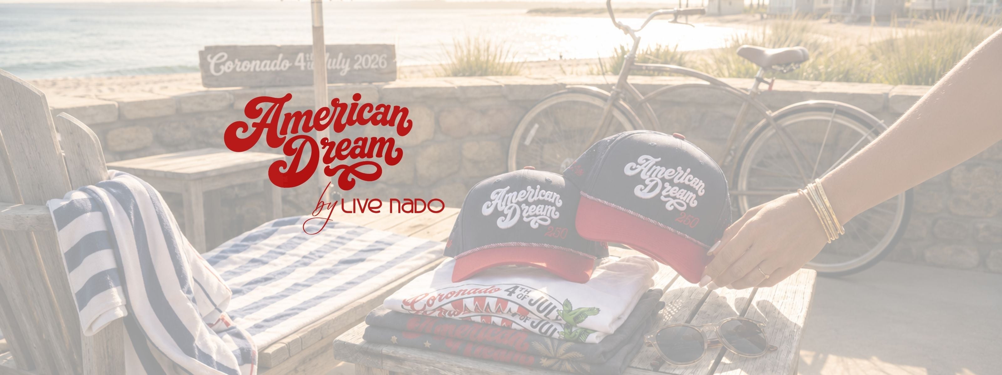 American Dream design tshirts and hats in a beachy environment