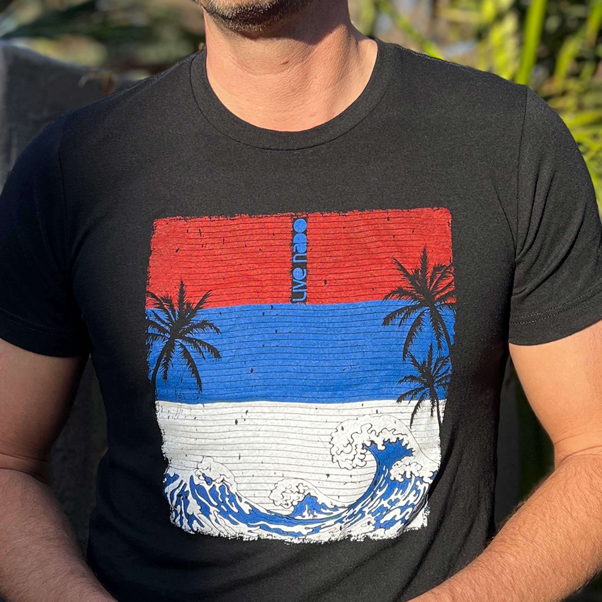man wearing lack tshirt with red white and blue waves. its a surf design with palm tree