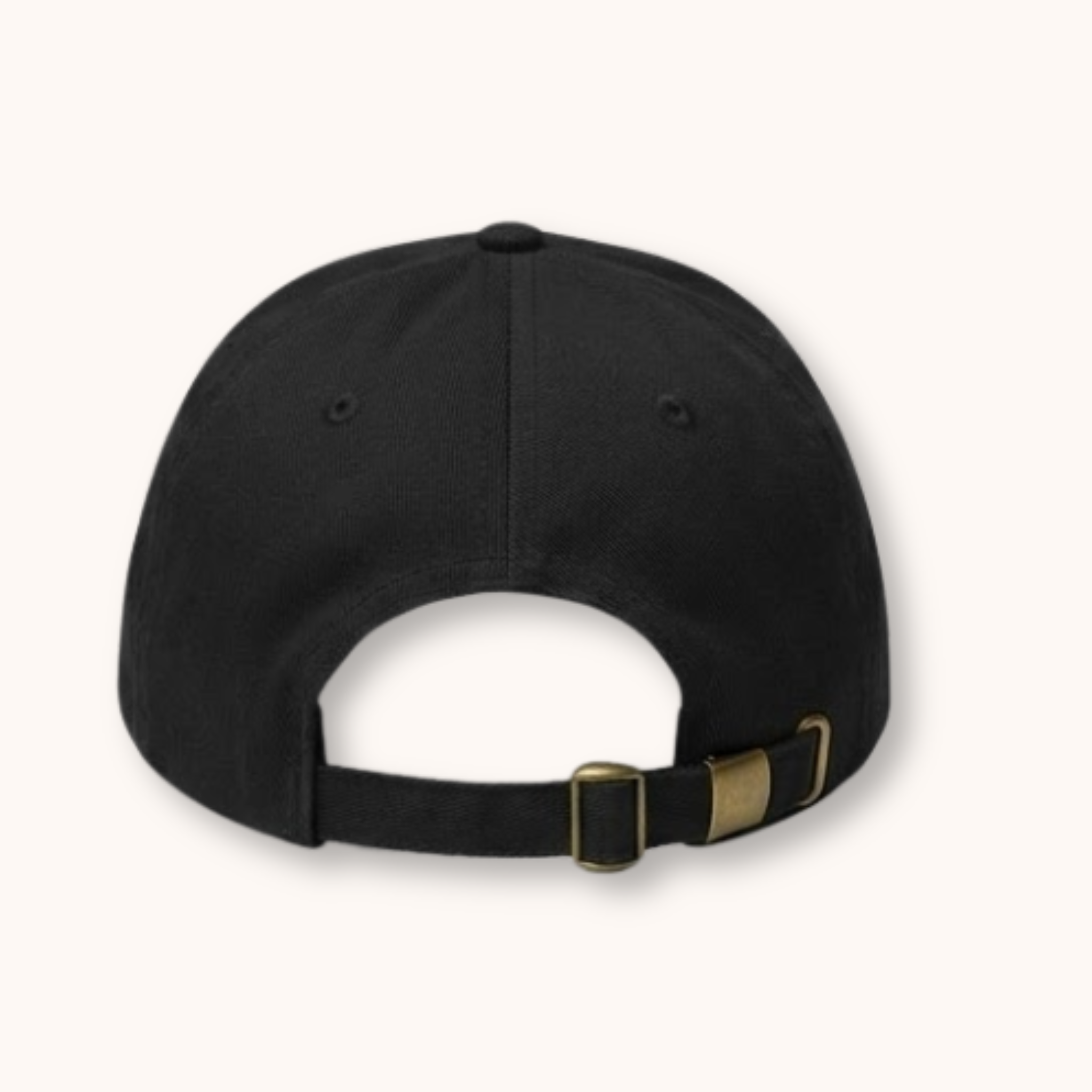 Black cap with a gold buckle on a white background