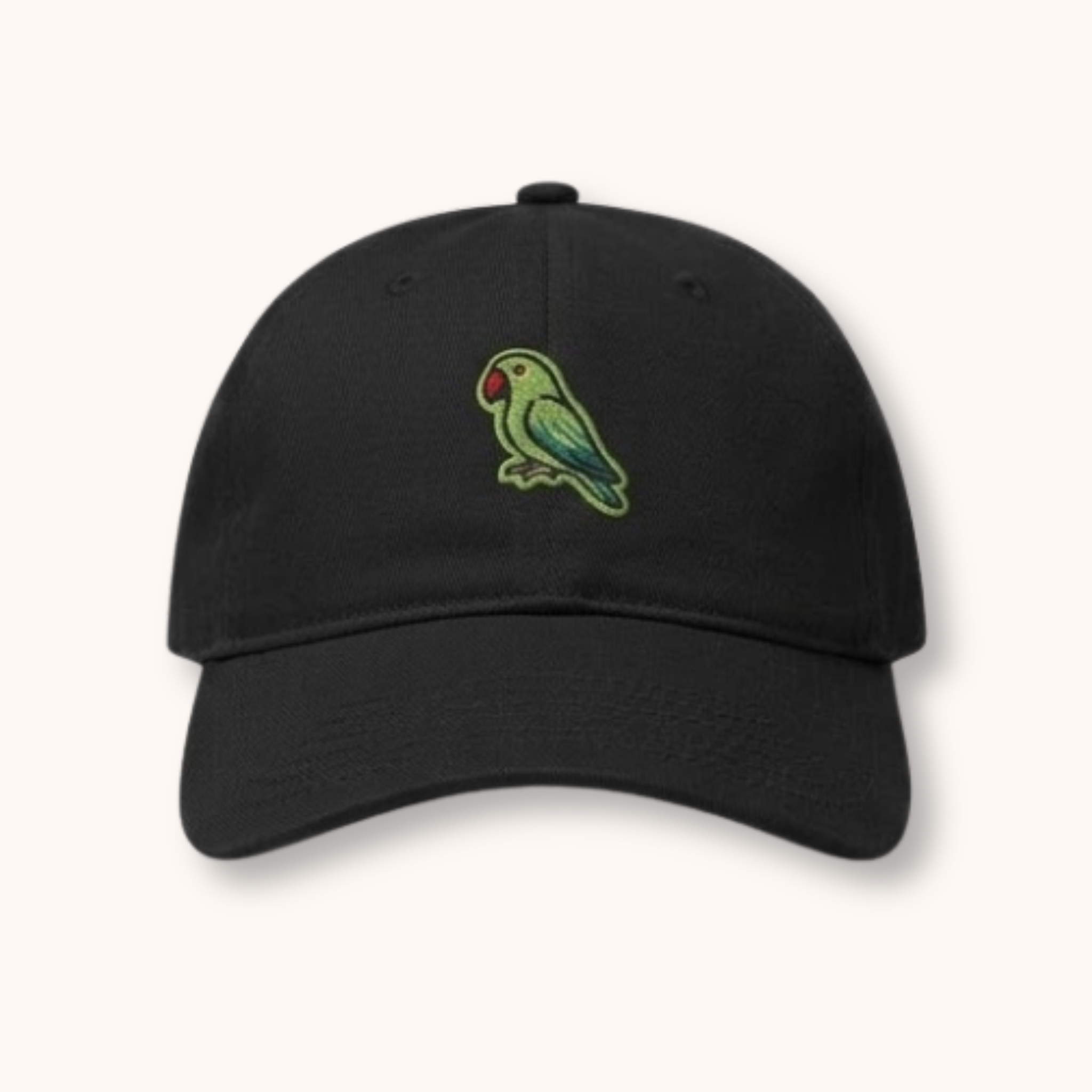 Black cap with a parrot emblem on a white background