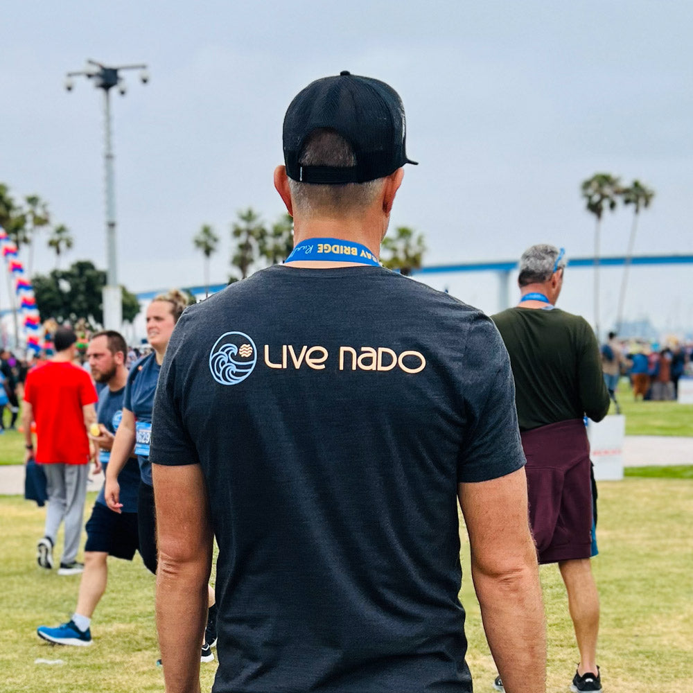 male in live nado logo tshirt charcoal color
