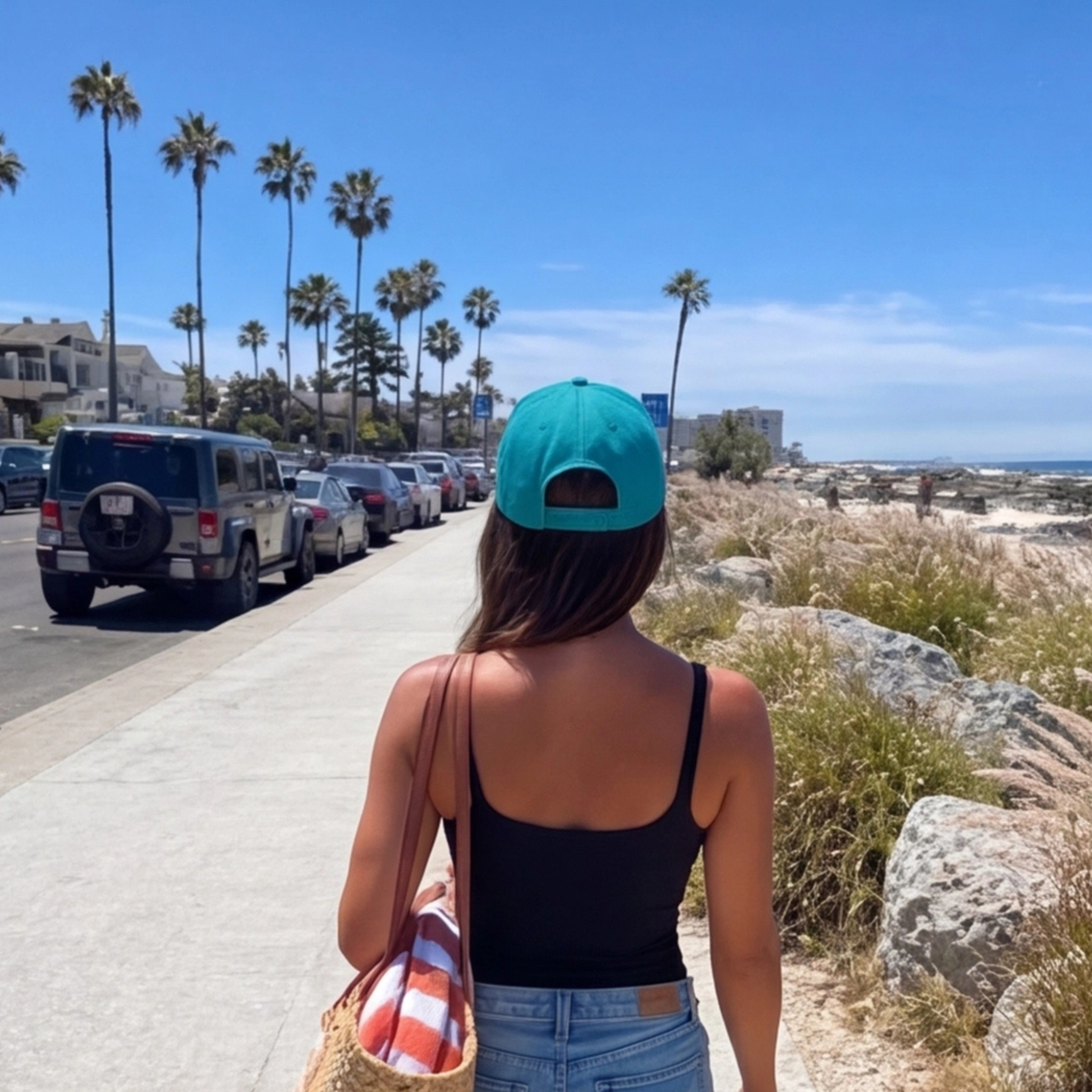 Person wearing a teal cap and black tank top walking along a sidewalk with palm trees and a beach in the background.