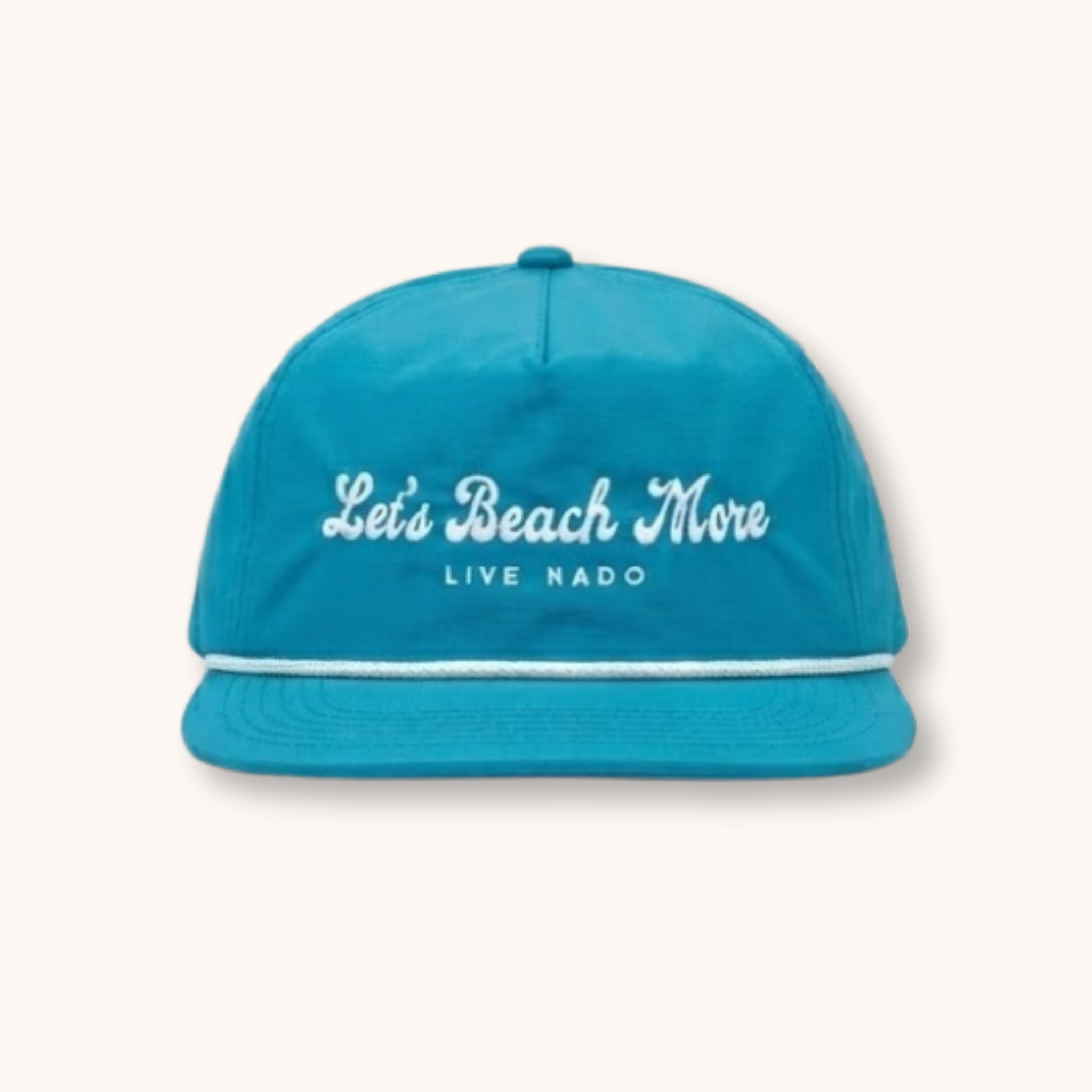 Blue cap with 'Let's Beach More' text on a white background