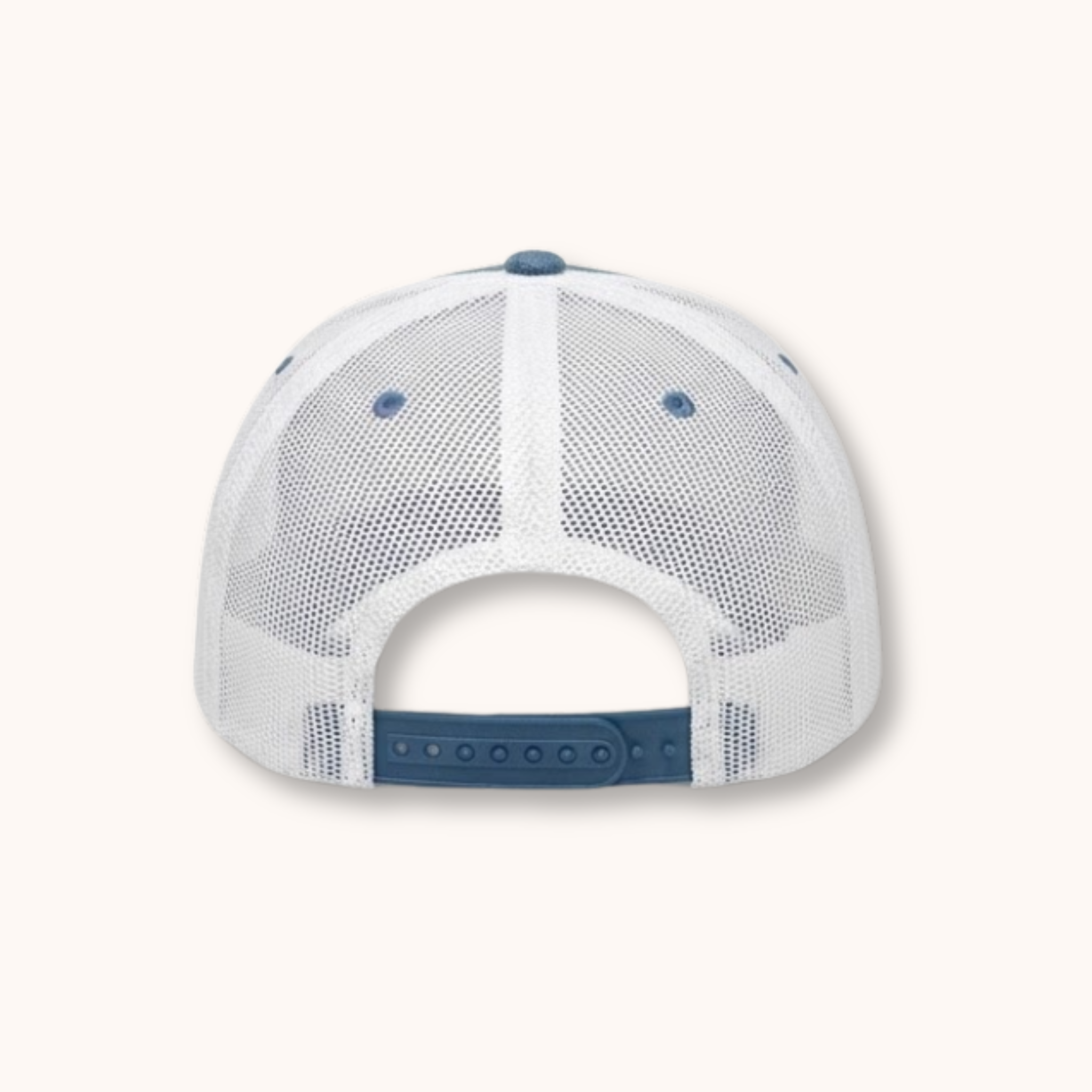 White cap with blue accents on a white background