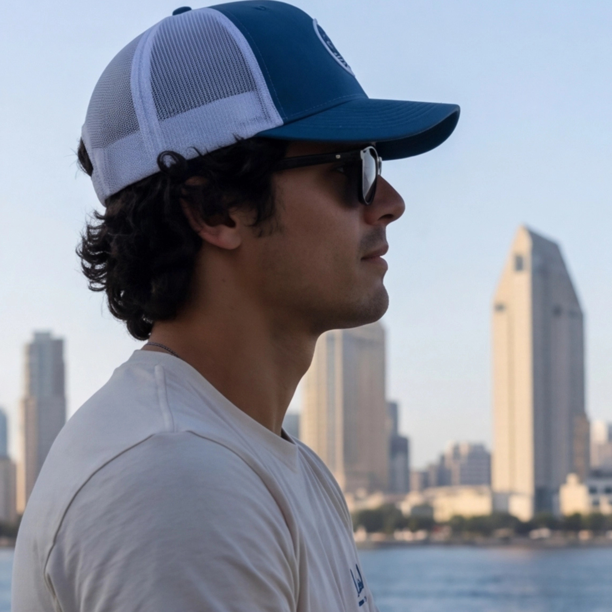 Man wearing a blue and white cap and sunglasses with a city skyline in the background