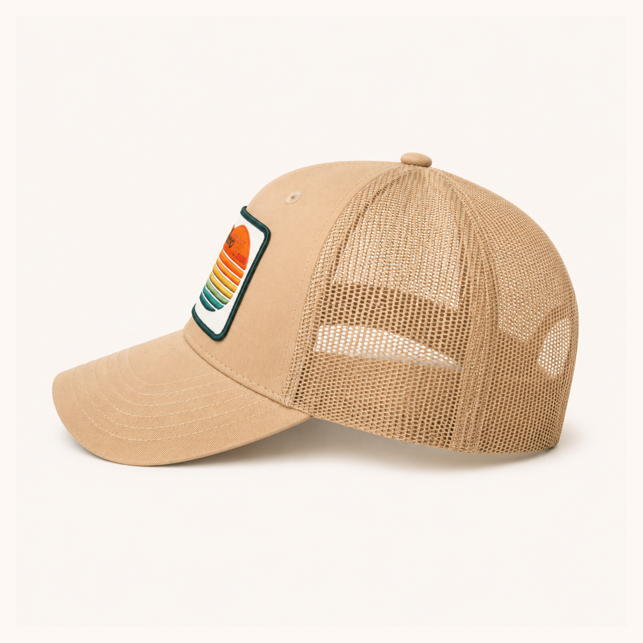 Beige mesh cap with a colorful logo on a white background