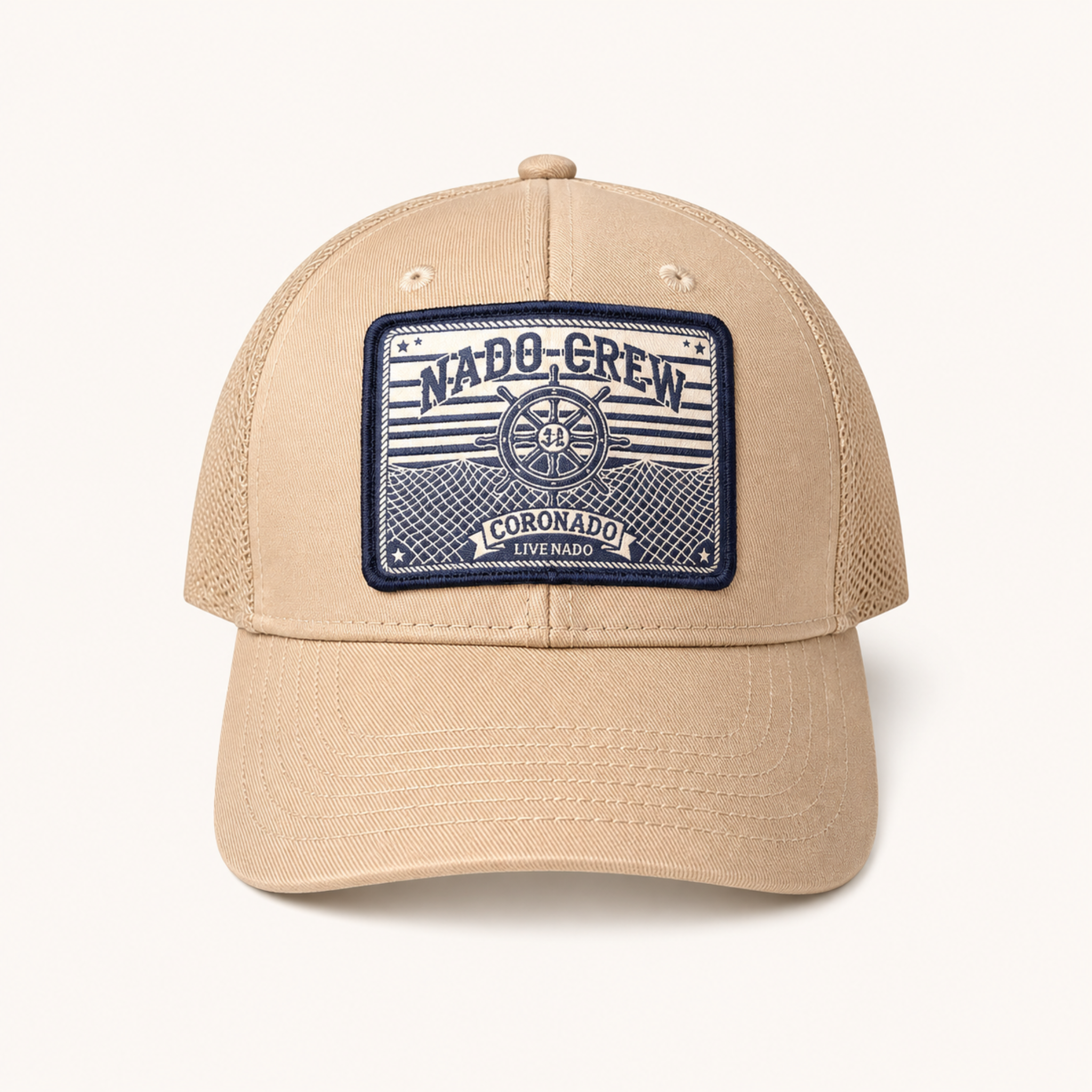 Beige cap with a patch on a white background