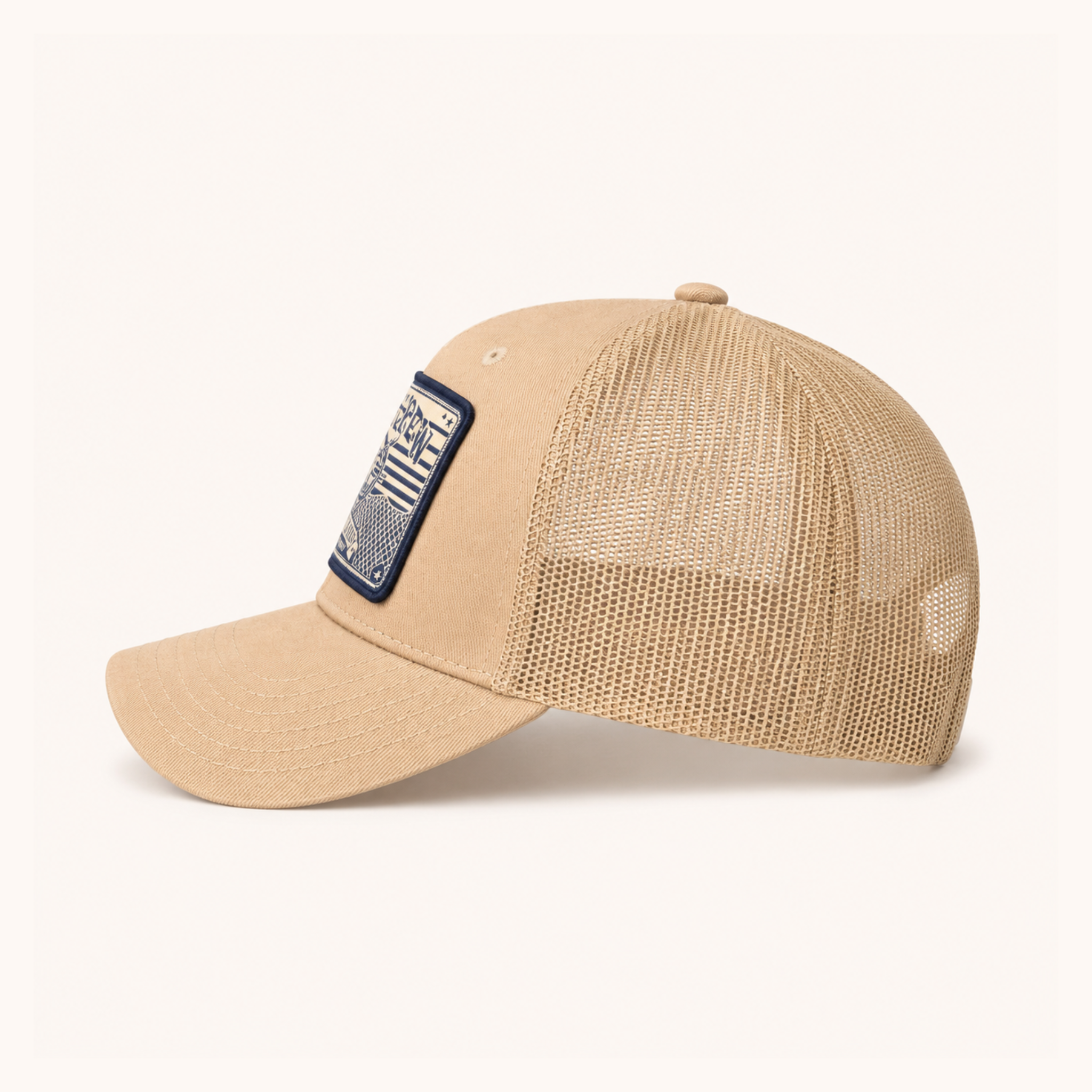 Beige mesh cap with a patch on a white background
