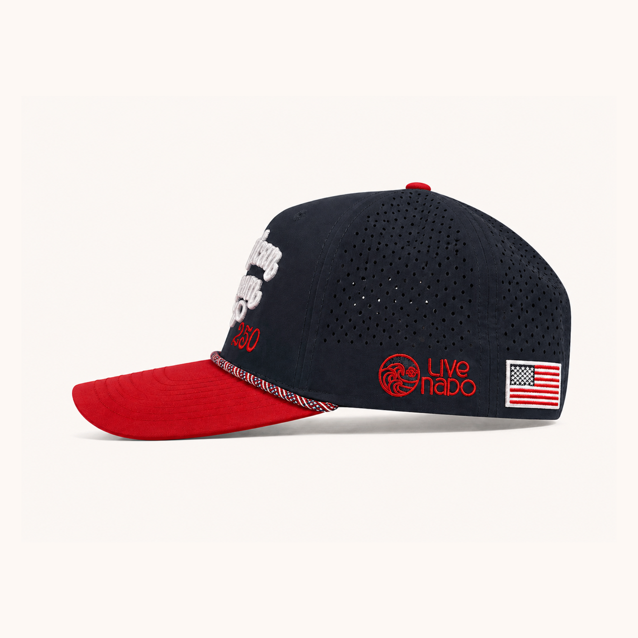 Navy and red cap with branding on a white background