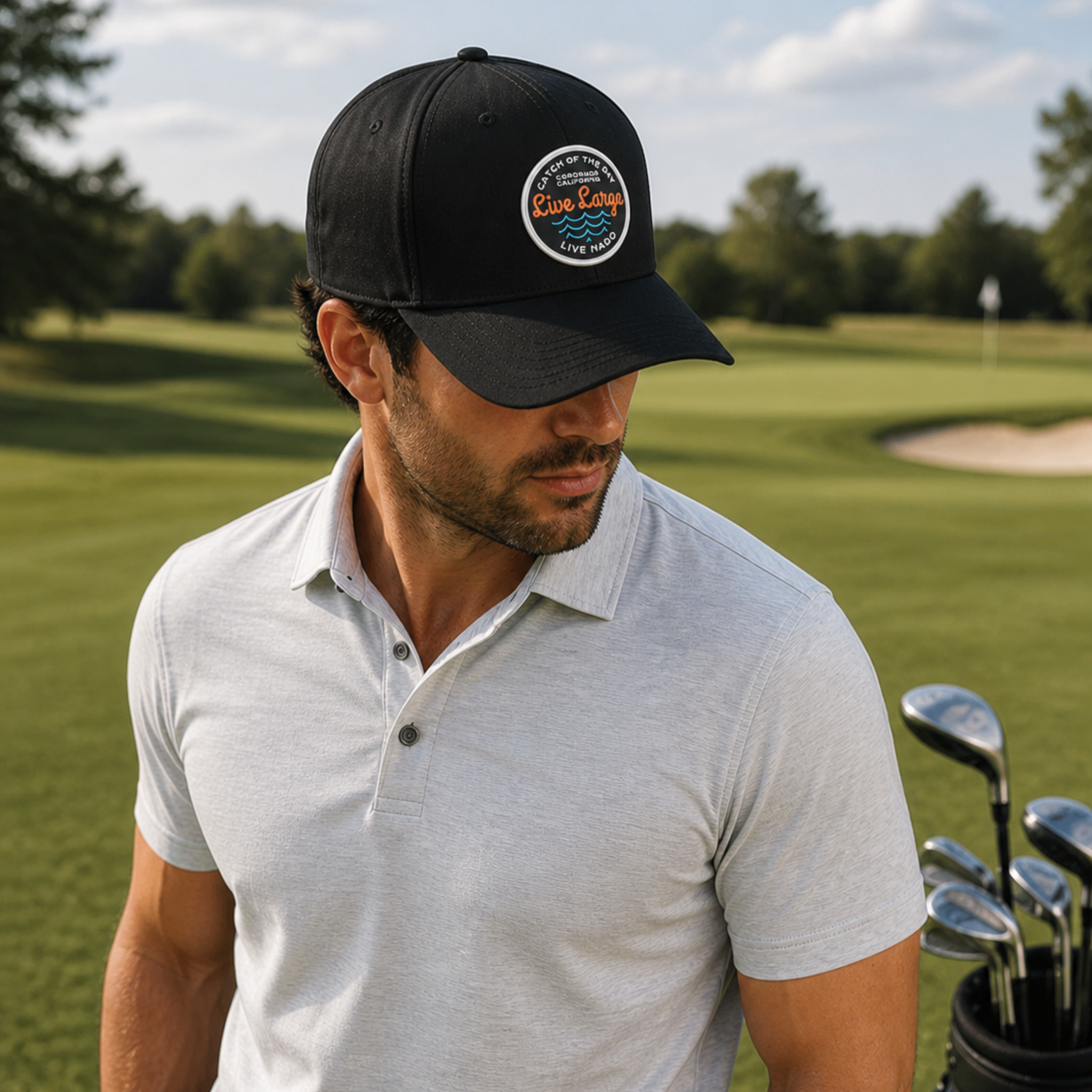 Man on a golf course wearing a black cap with a logo and a gray polo shirt.