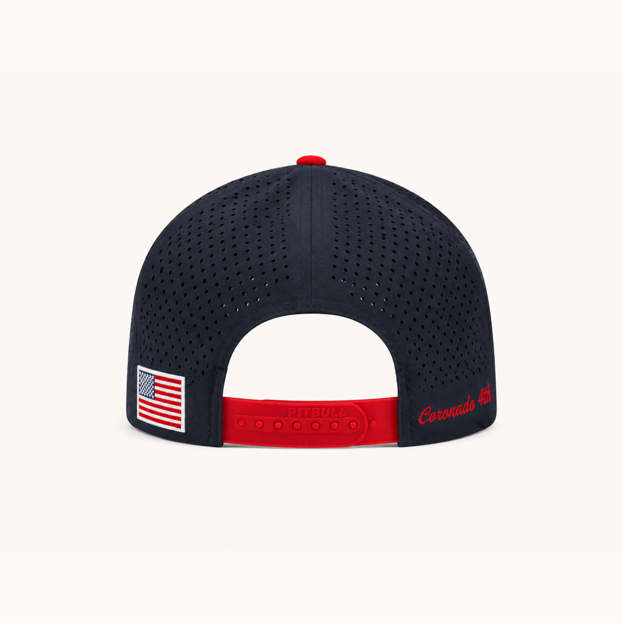 Back view of a navy blue cap with American flag patch and red band on a white background
