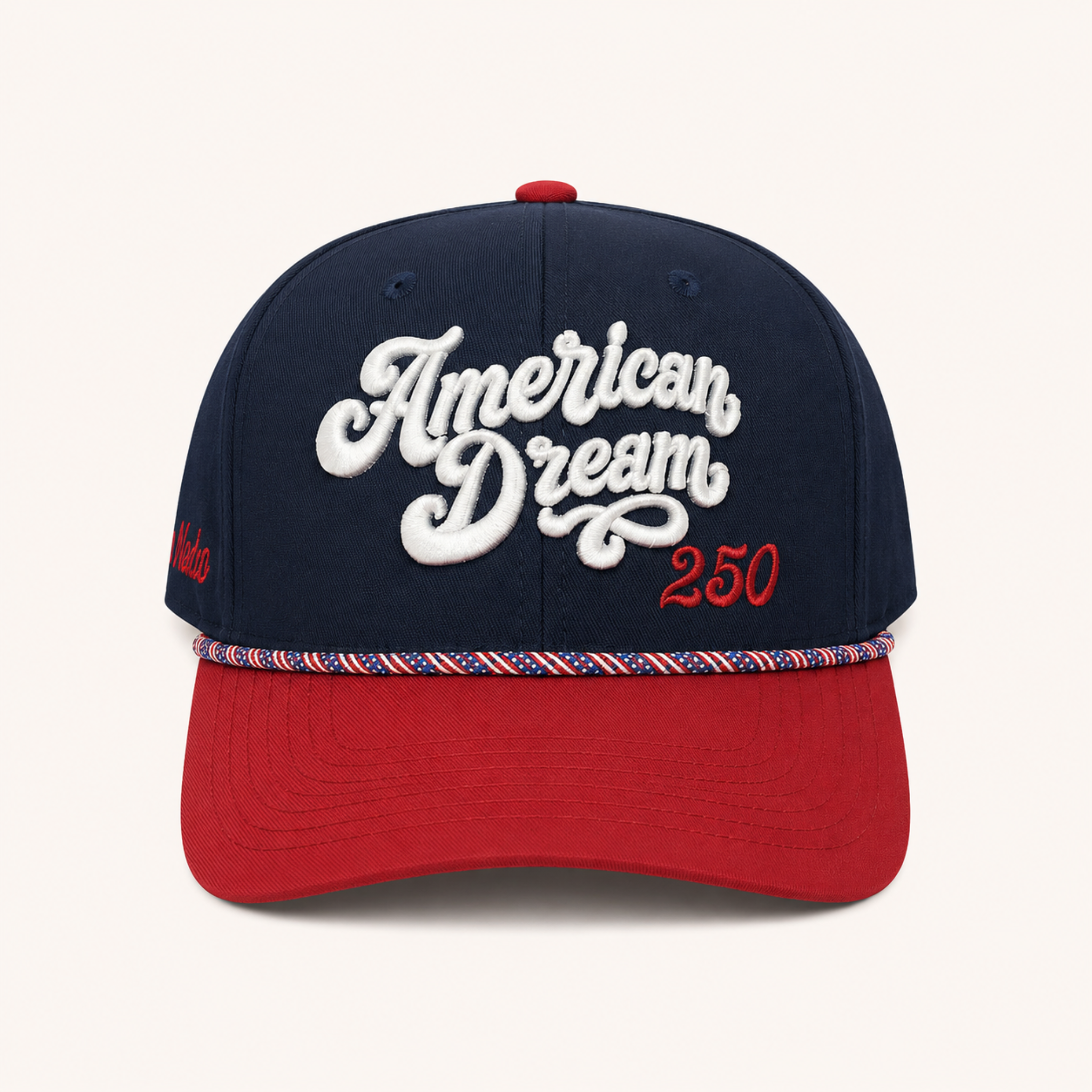 Navy and red cap with 'American Dream 250' text on a white background
