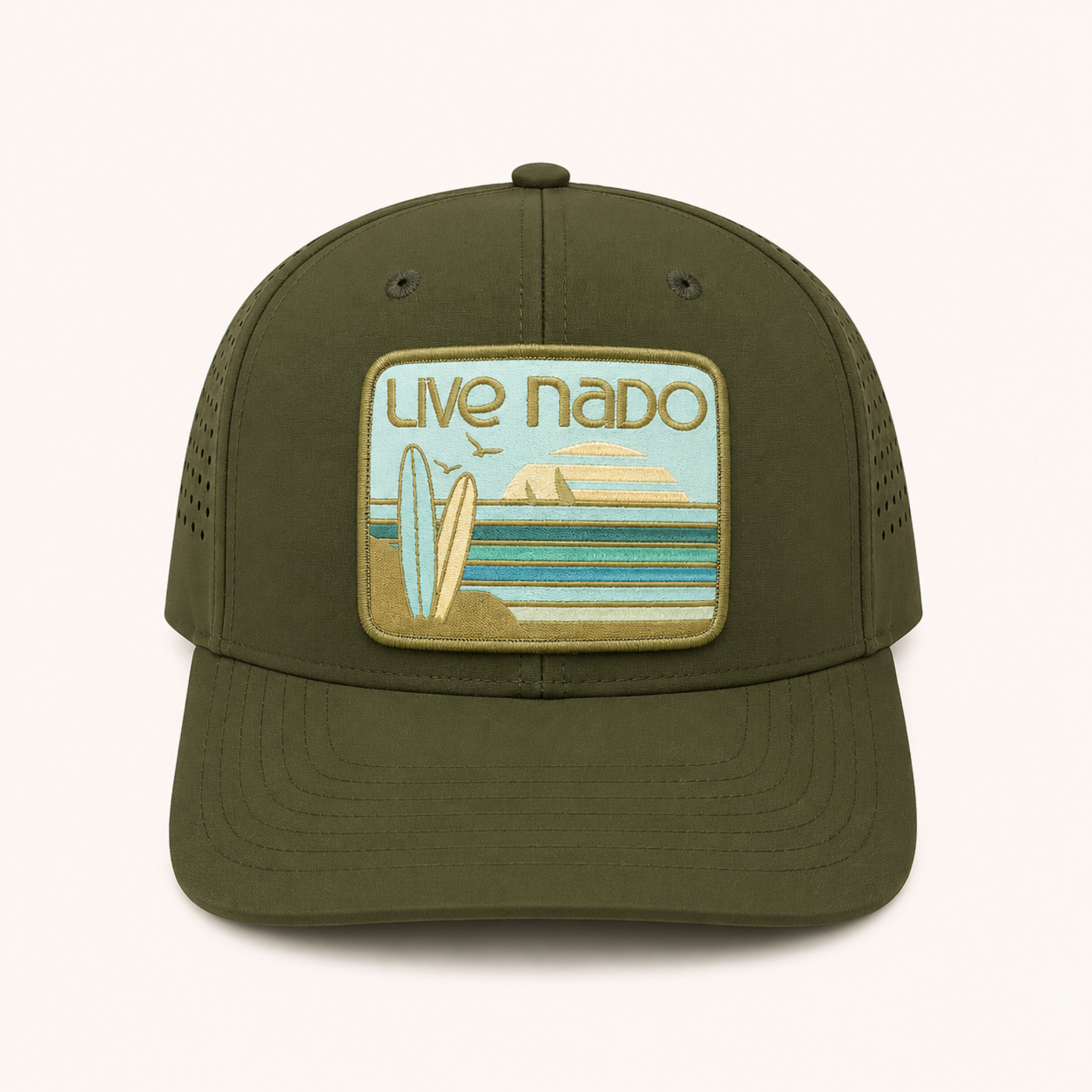 Green cap with a 'Live Nado' logo on a white background