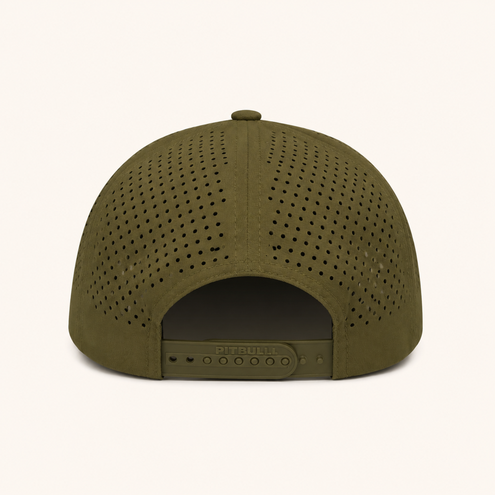 Olive green baseball cap with perforated design on a white background