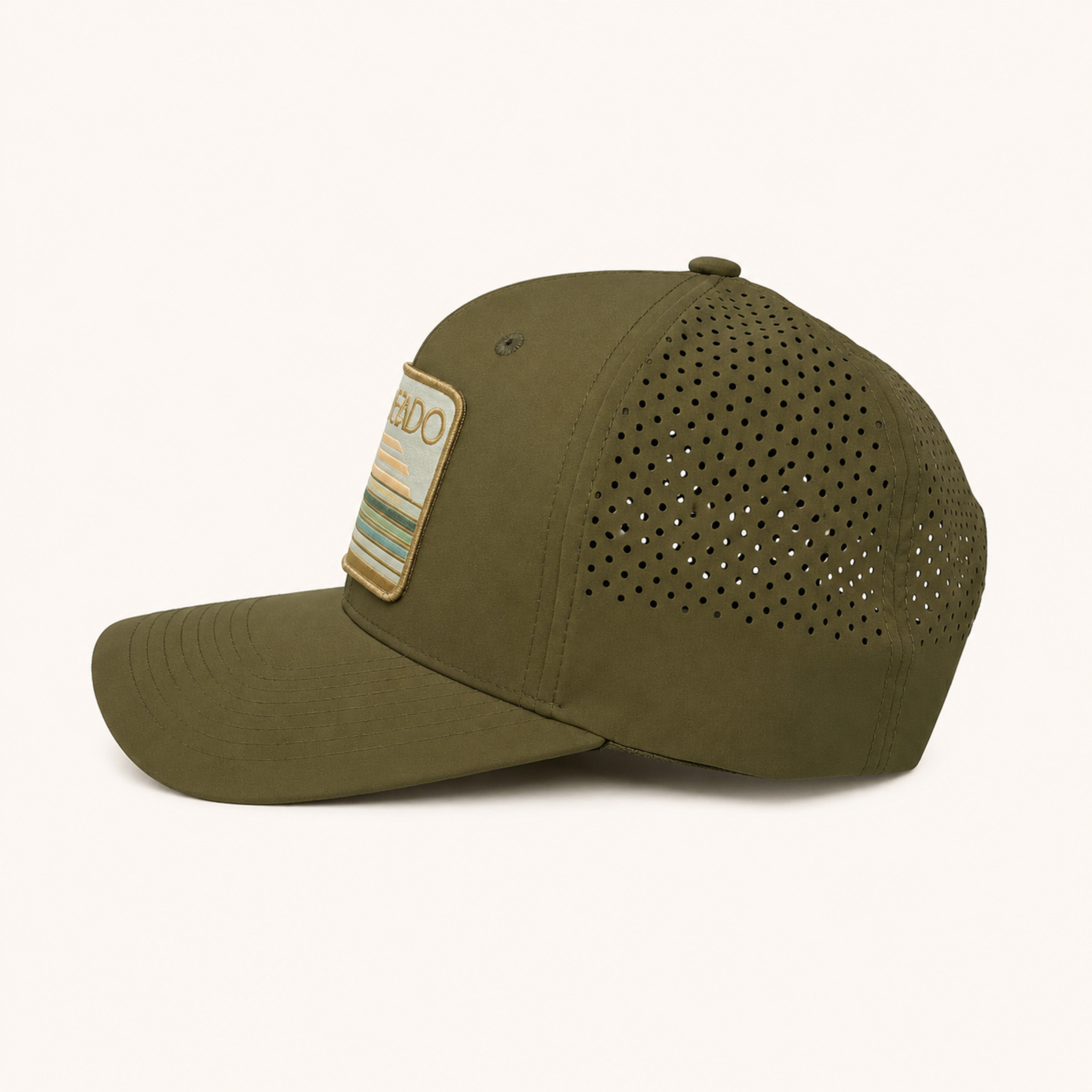 Green baseball cap with a patch on a white background