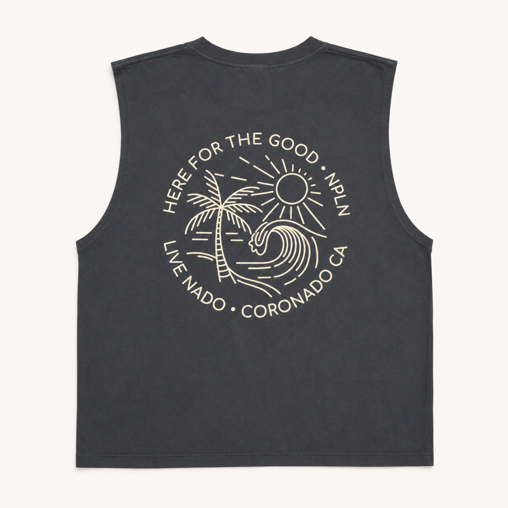 Black sleeveless shirt with white graphic and text on a white background