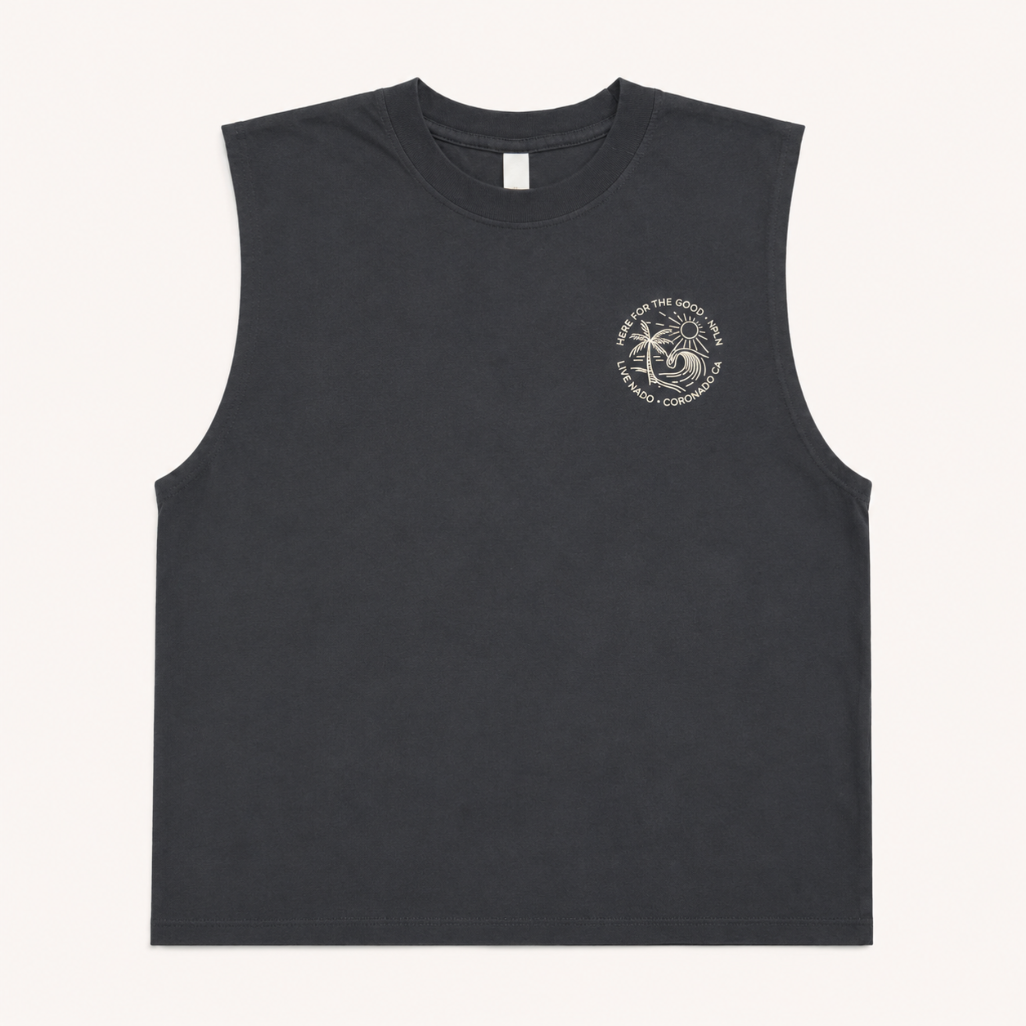 Black sleeveless shirt with a logo on a white background