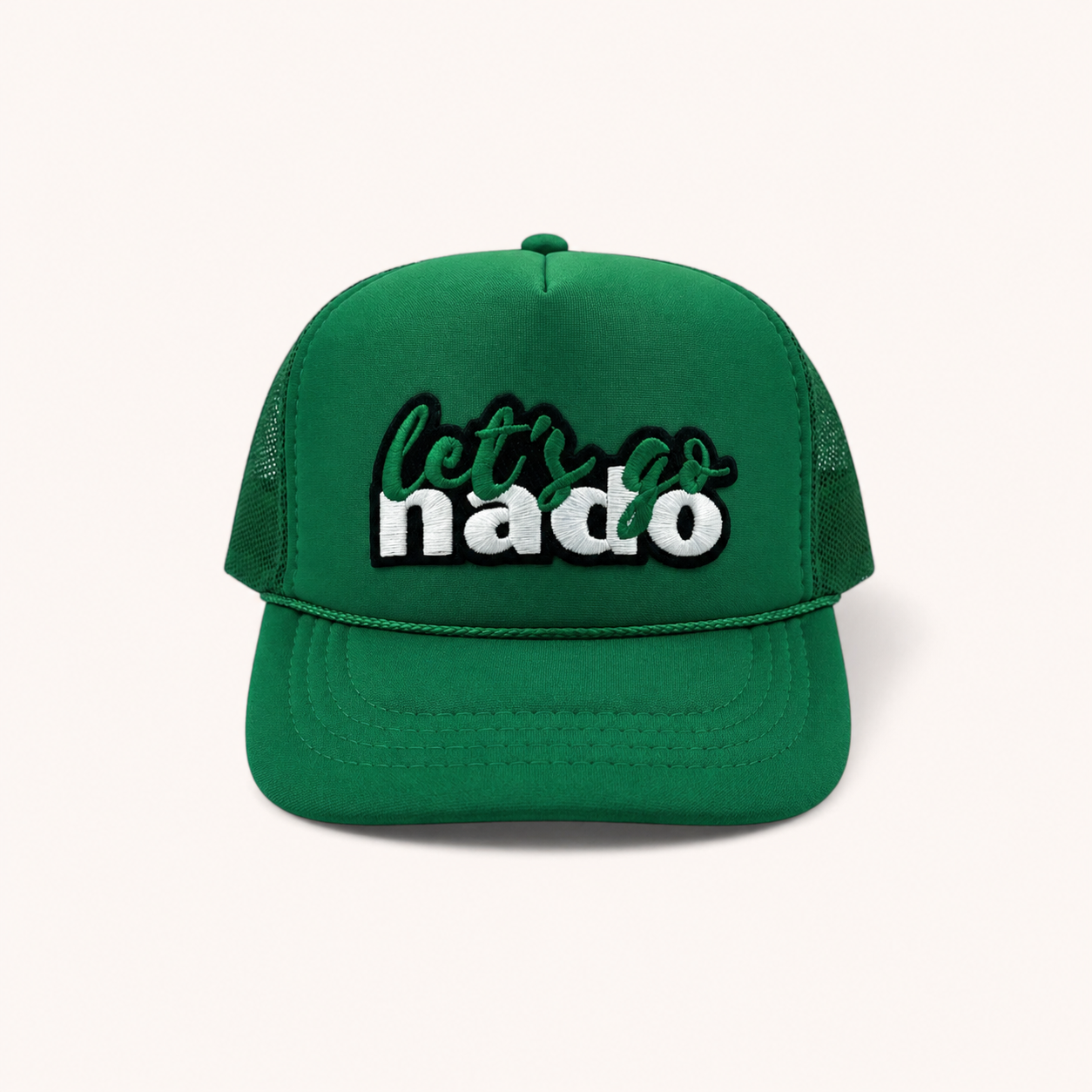 Green cap with 'let's go nado' text on a white background