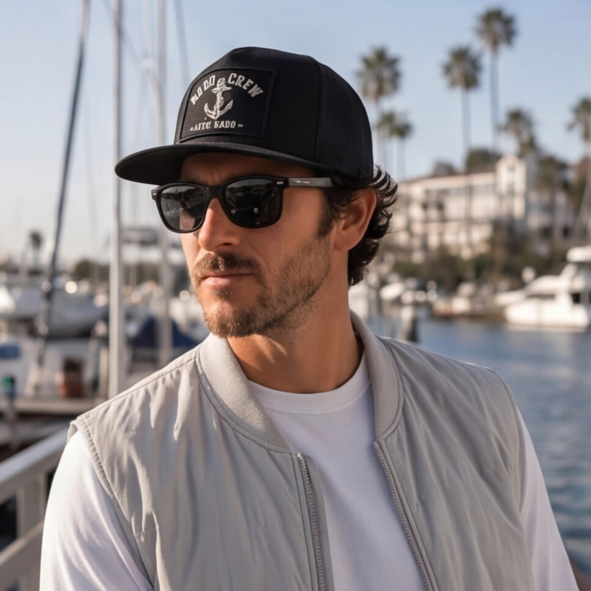 Man wearing a black cap and sunglasses with palm trees and boats in the background
