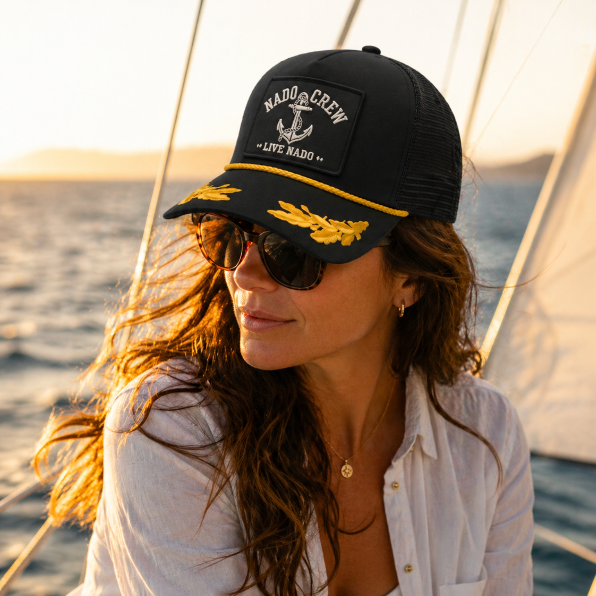 Woman on a sailboat wearing a black cap with gold accents and sunglasses, with water in the background.