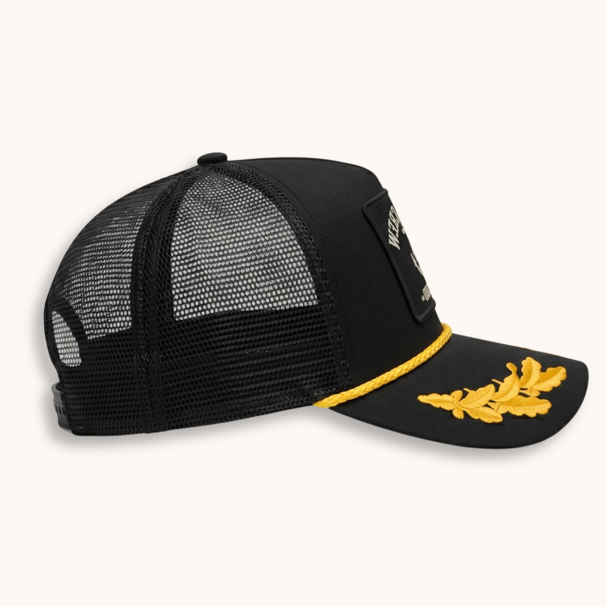 Black mesh cap with yellow emblem on a white background