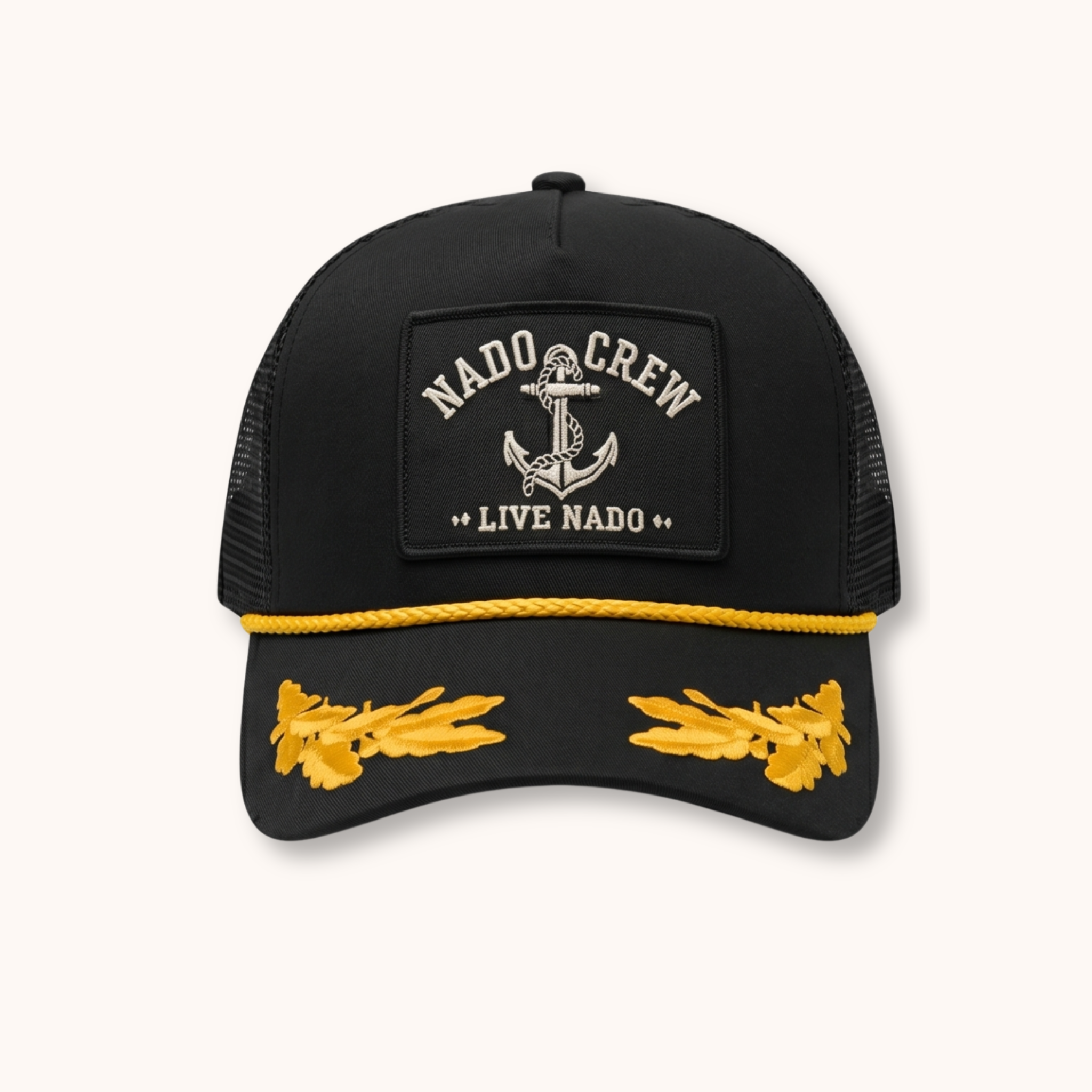 Black cap with yellow accents and 'Nado Crew' logo on a white background