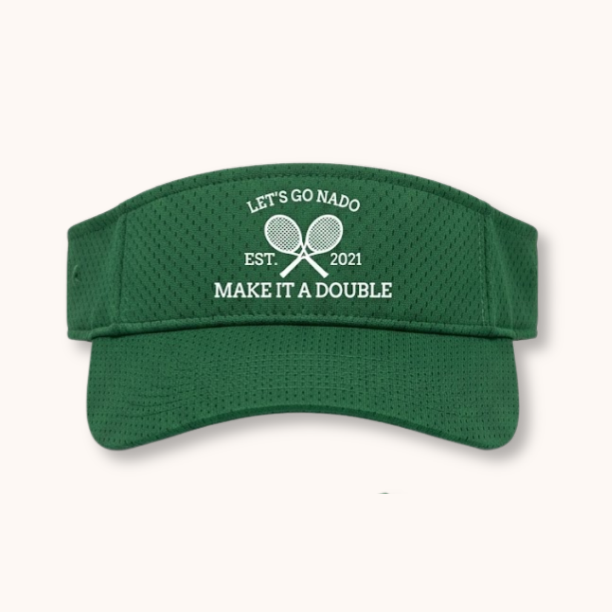 Green visor with text and tennis racket design on a white background