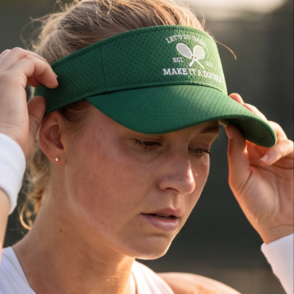 Close-up of a blonde woman wearing a green mesh tennis visor featuring crossed rackets and text that reads "Make It A Double."