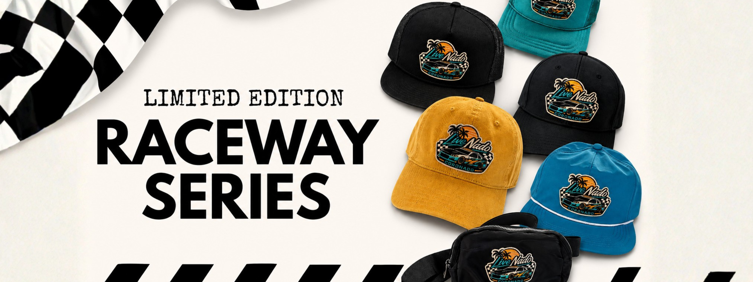 Collection of limited edition raceway series hats on a white background with checkered flags.