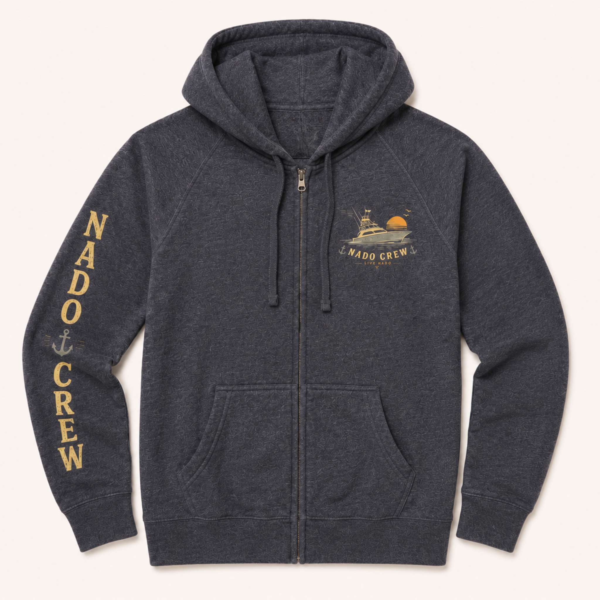 Dark gray hoodie with 'NADO CREW' logo and text on a light gray background