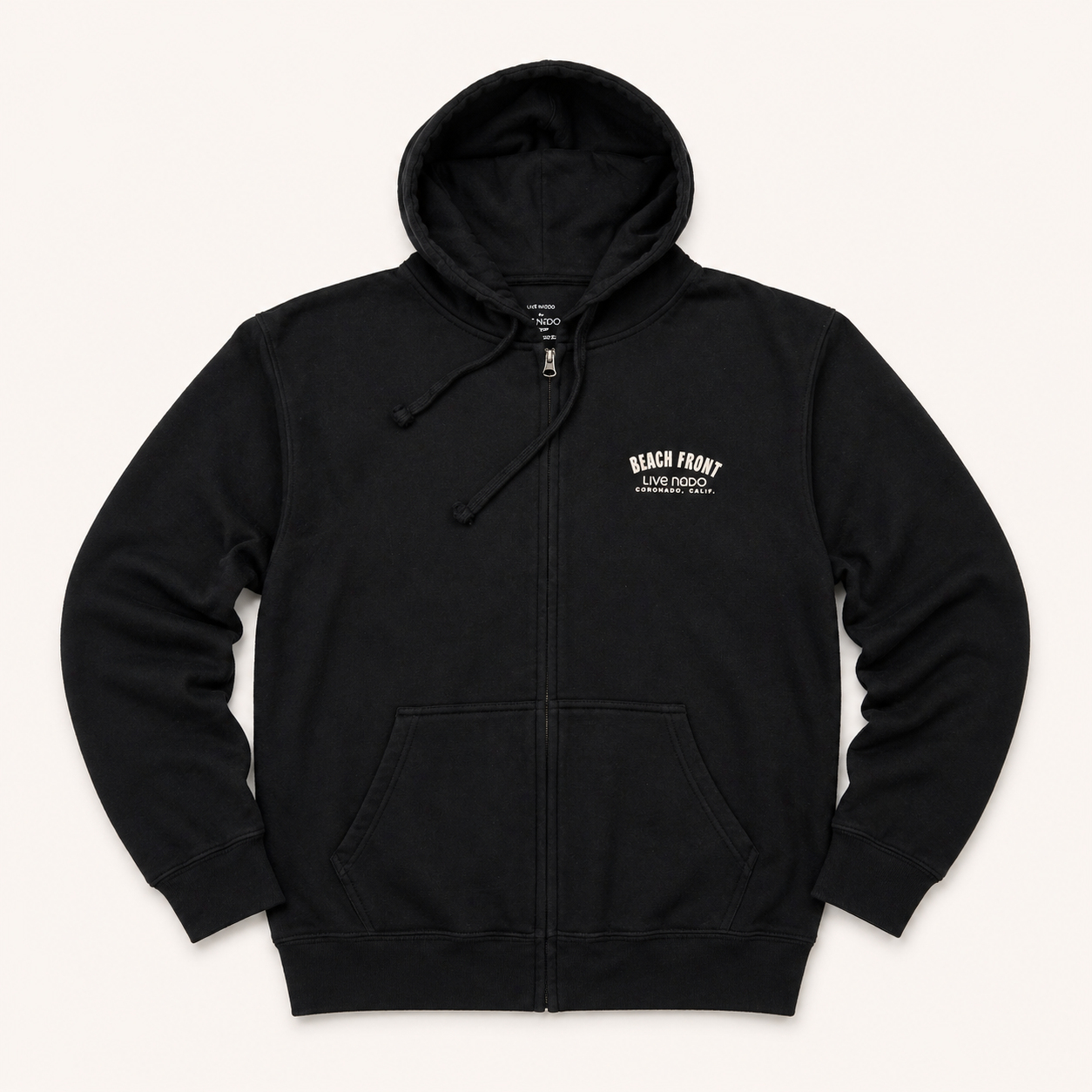 Black hoodie with a logo on the chest against a white background