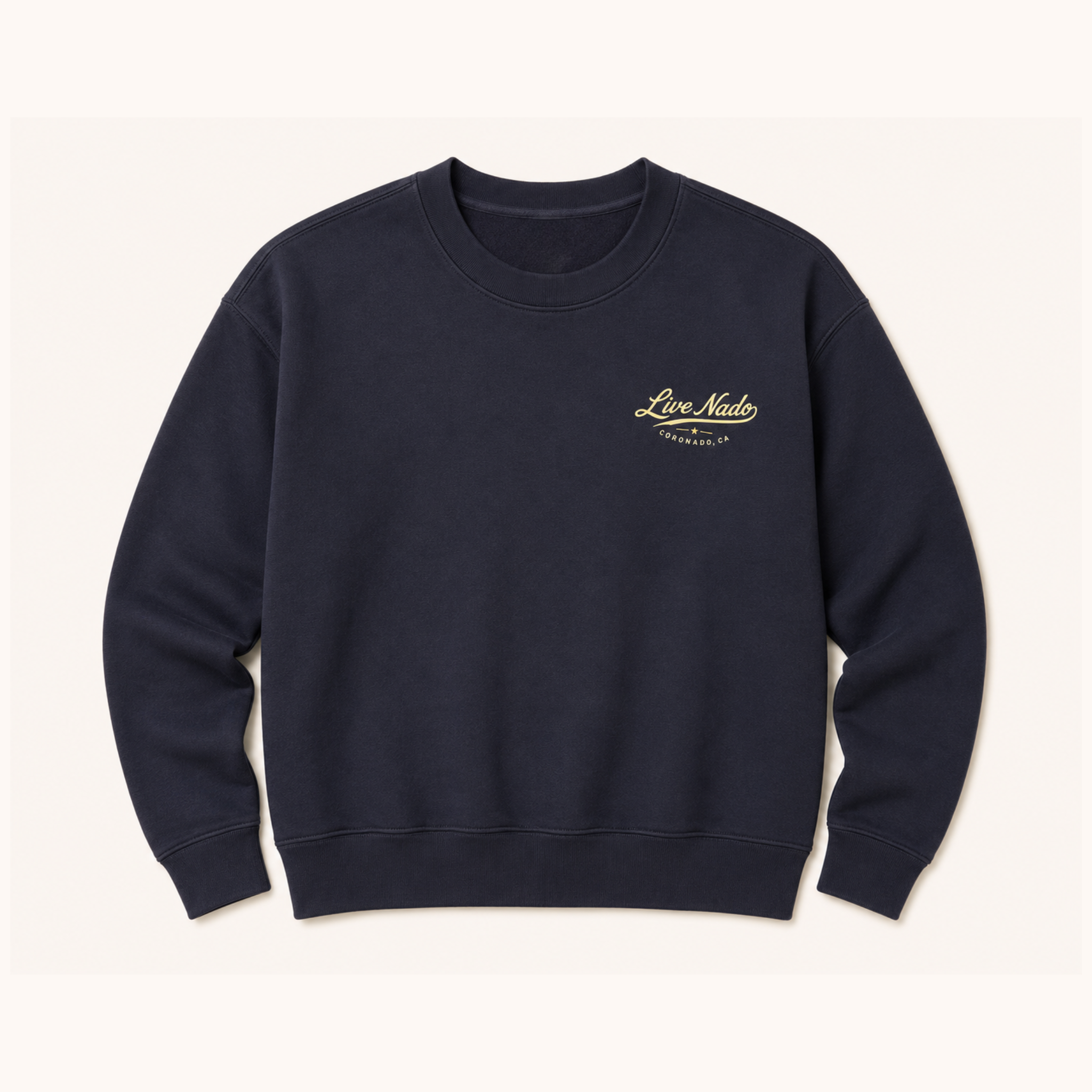 Navy blue sweatshirt with a logo on a light beige background