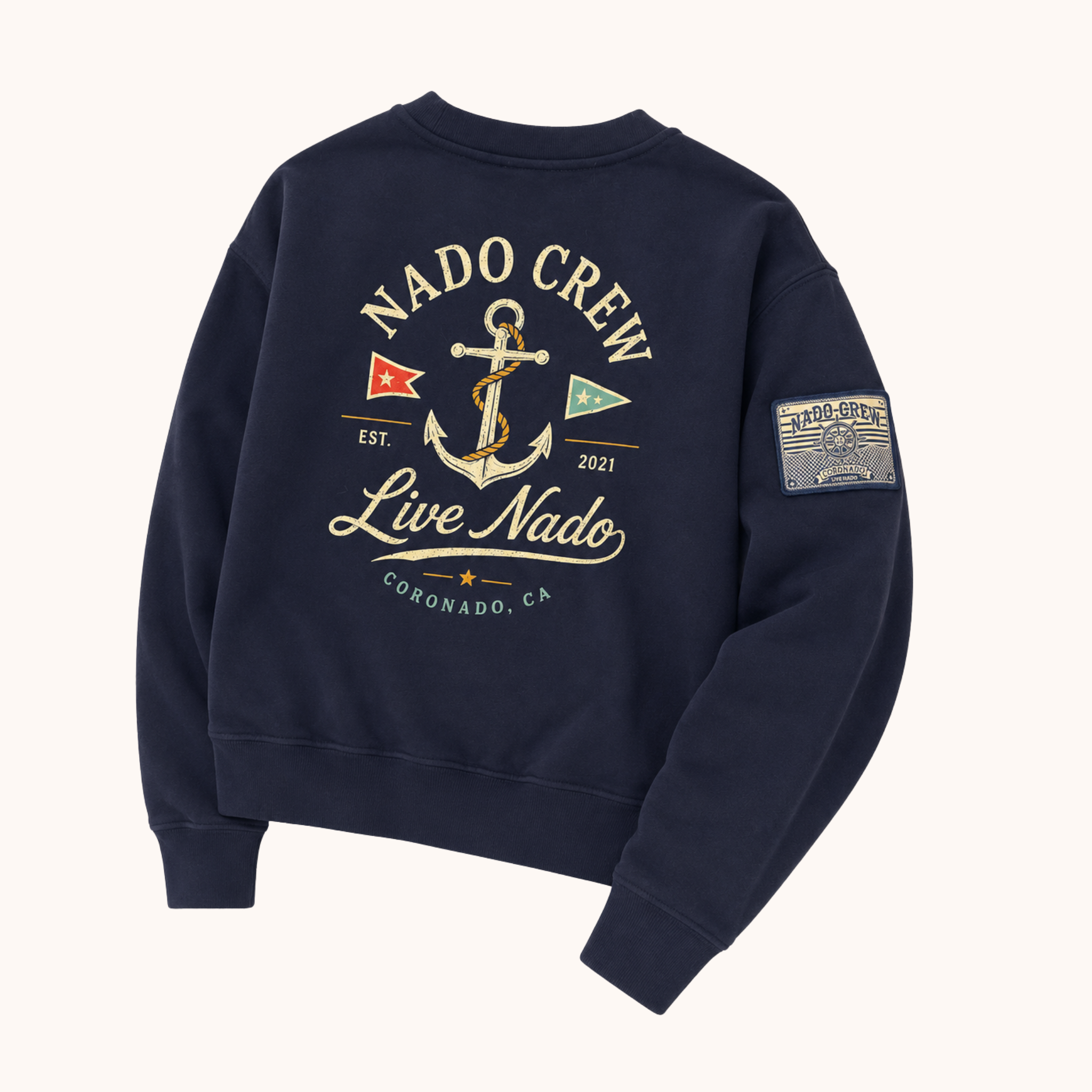 Angled view showing the back of a navy blue sweatshirt with a large nautical anchor print reading "NADO CREW" and "Live Nado."