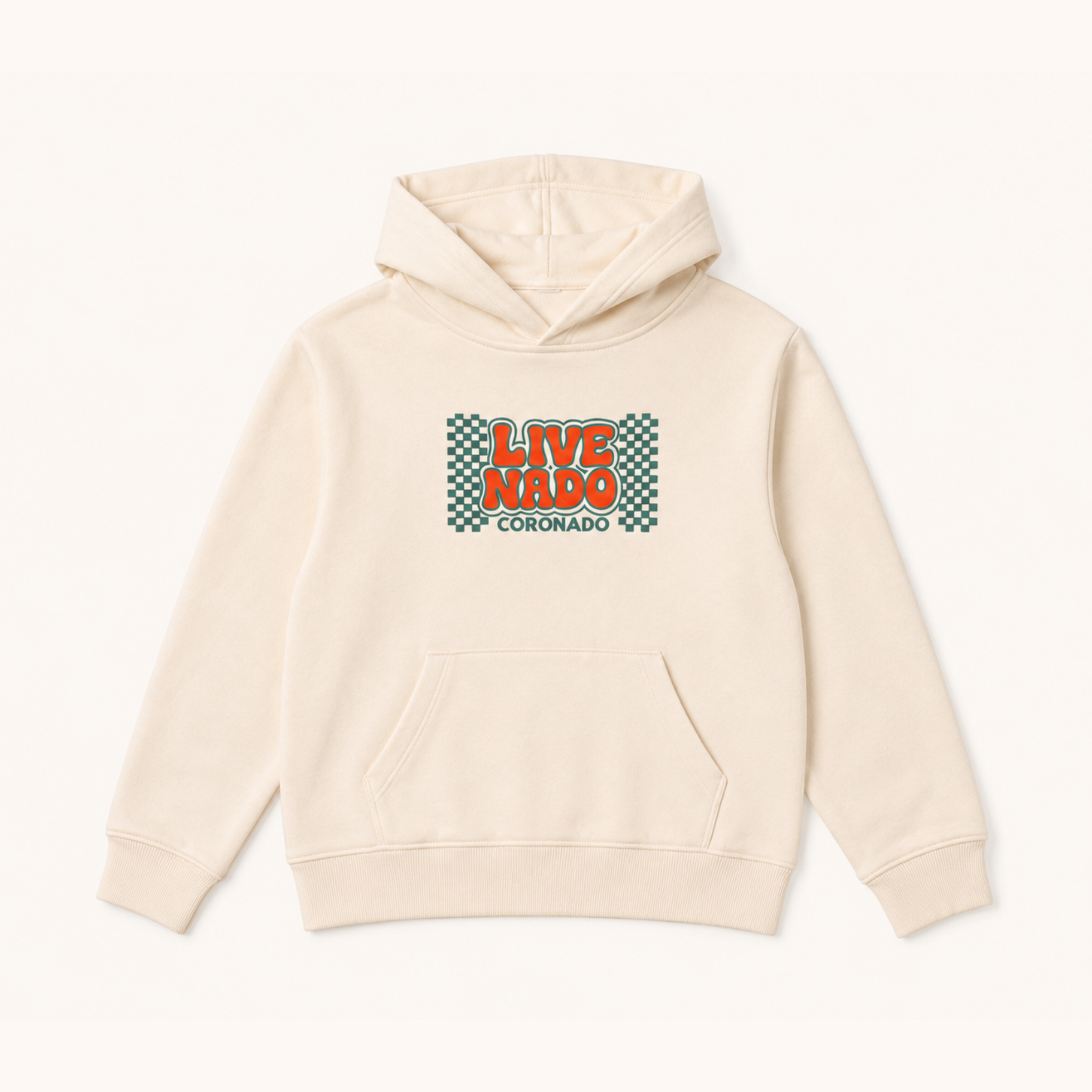 Beige hoodie with 'Live Nado Coronado' graphic on a white background