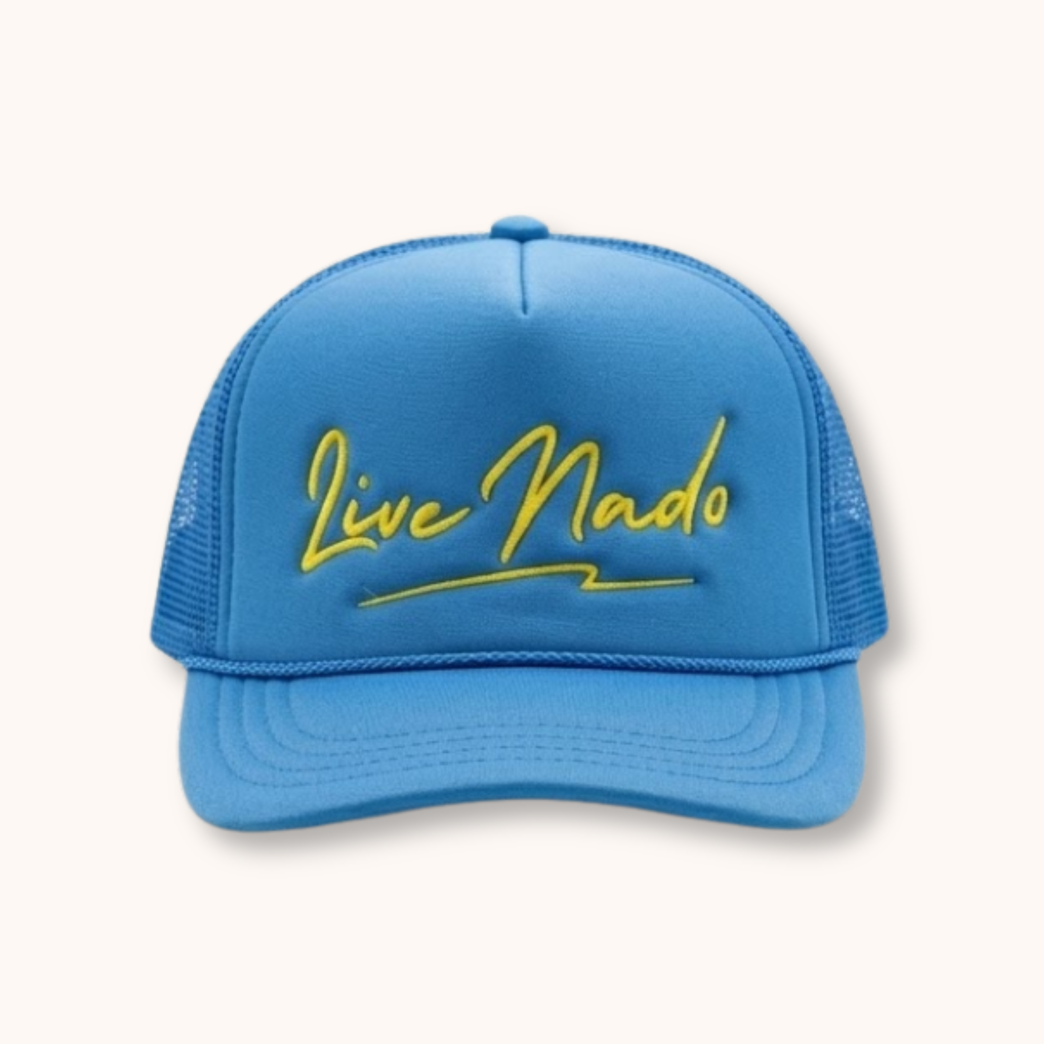 Blue cap with yellow 'Live Made' text on a white background