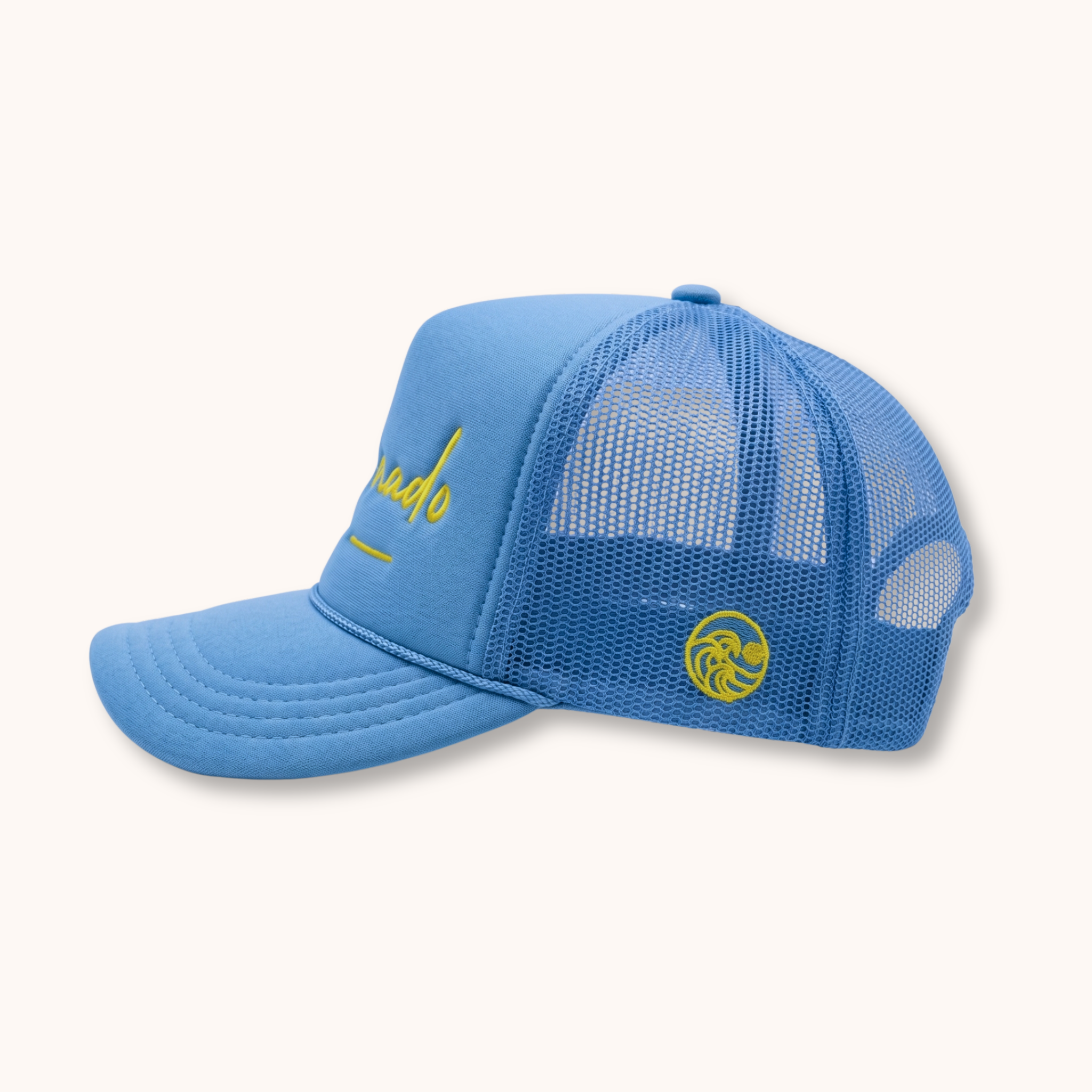 Blue mesh cap with yellow accents on a white background