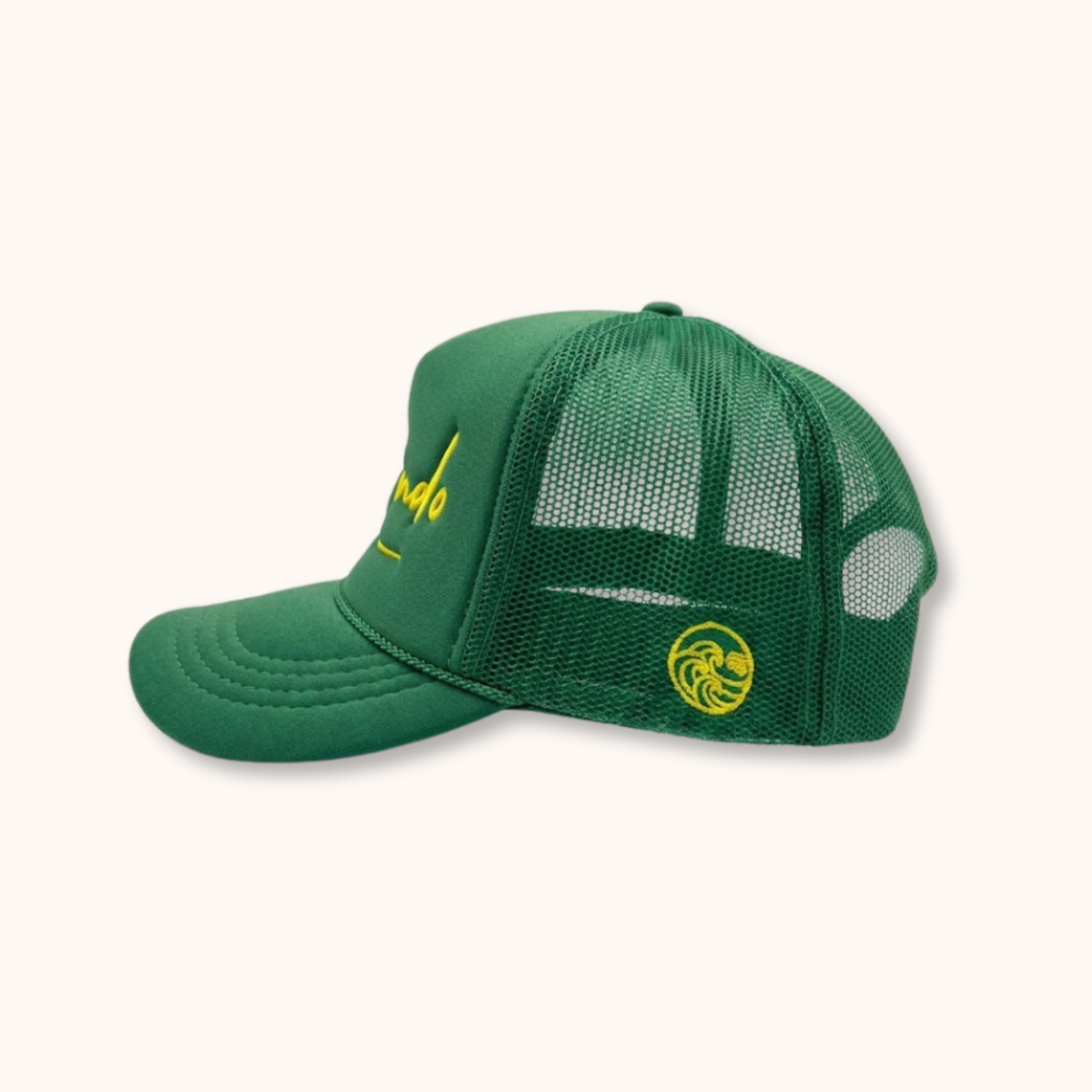 Green mesh cap with yellow logo on a white background
