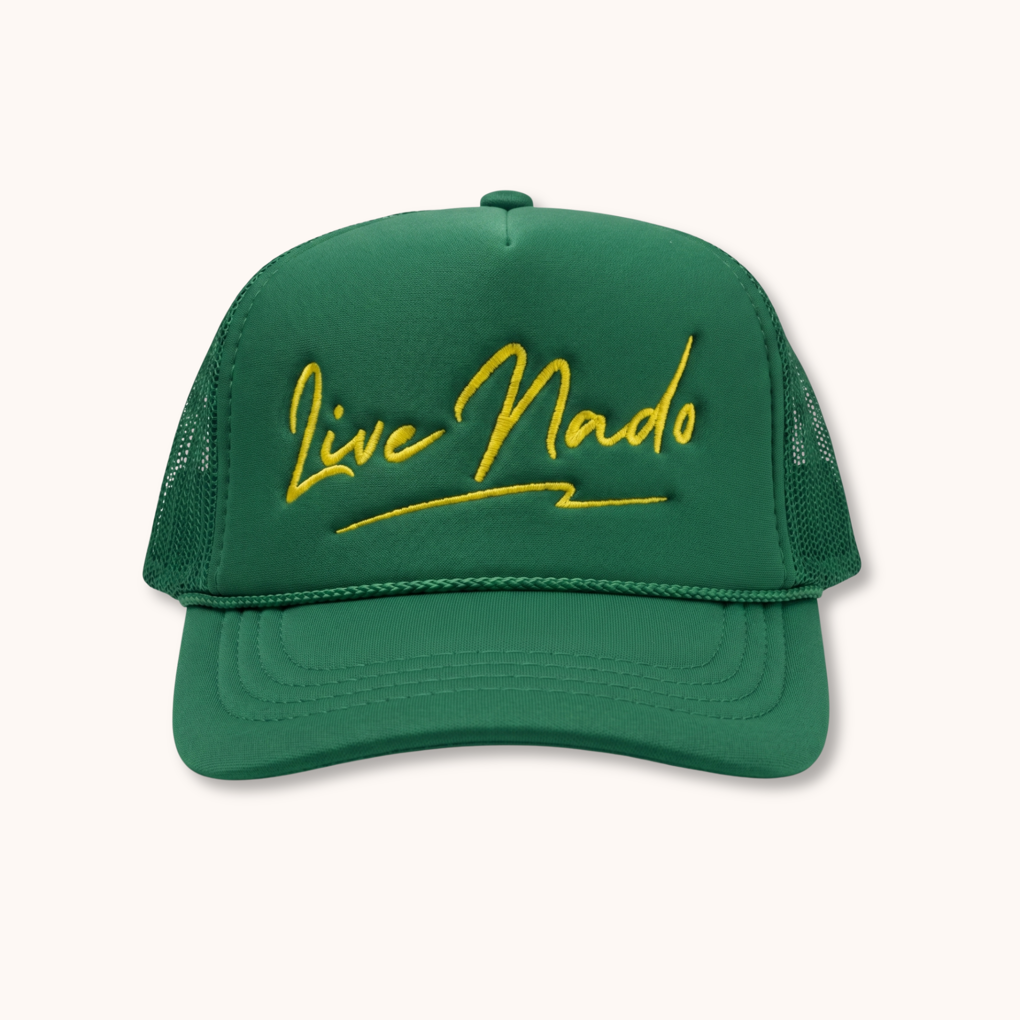 Green cap with yellow 'Live Nado' text on a white background